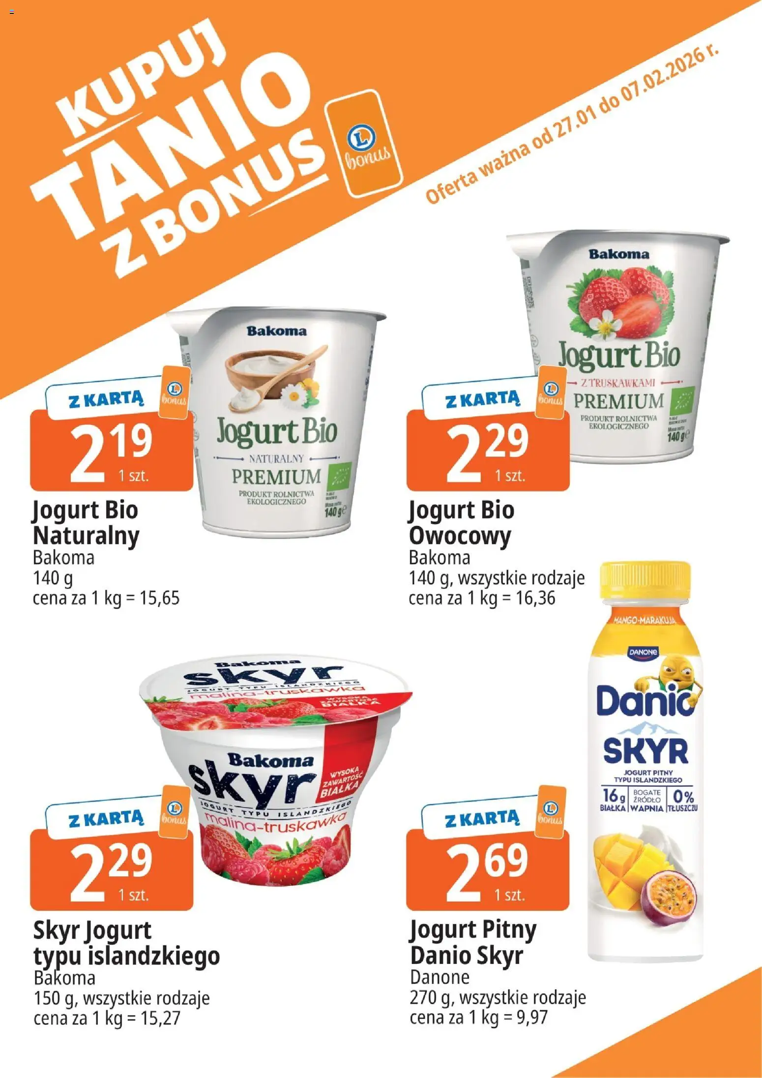 E.Leclerc Gazetka - Radom kupony dodatkowe od 27.01.2026 | Strona: 1 | Produkty: Karta, Jogurt pitny, Jogurt, Skyr