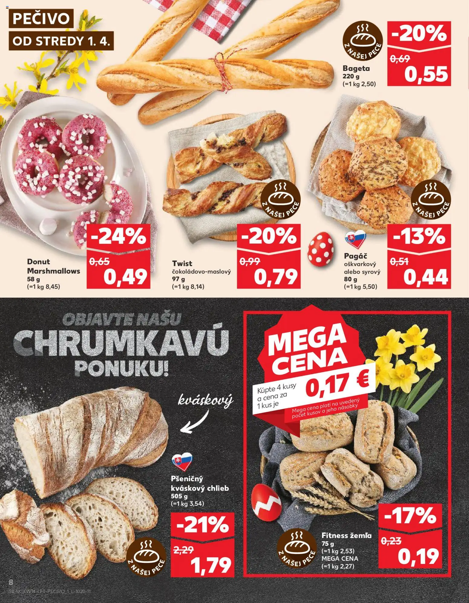 Nové Kaufland akcie – leták je platný od 01.04.2026 | Strana: 8 | Produkty: Chlieb, Donut, Pec