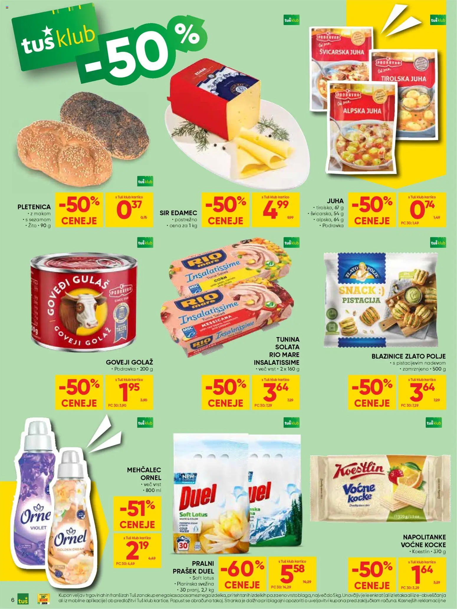 Novi Tuš katalog ponudbe – veljaven od 08.04.2026 | Stran: 6 | Izdelki: Napolitanke, Edamec, Mehčalec, Juha