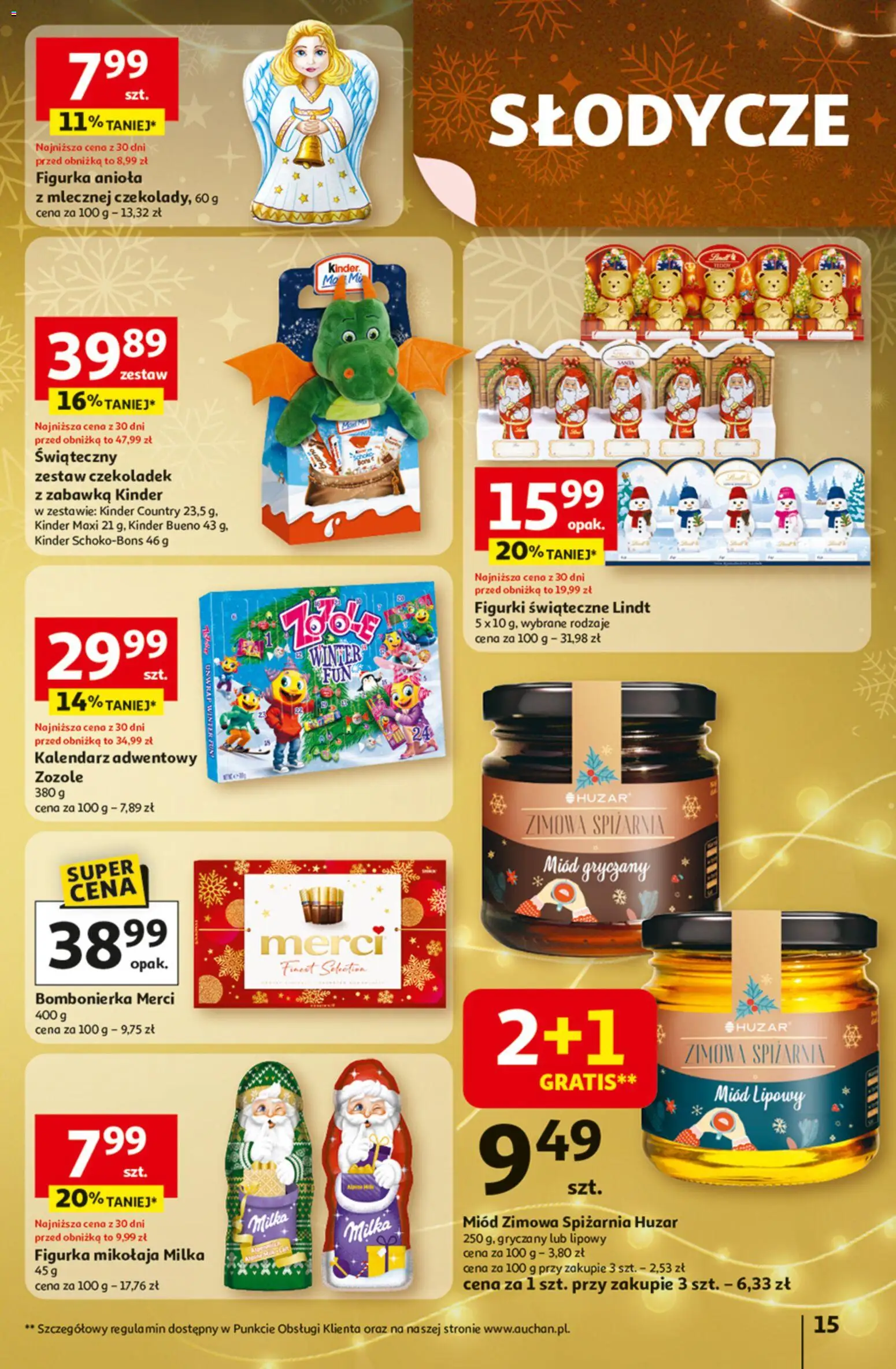 Auchan Black Friday od 20.11.2025 | Strona: 15 | Produkty: Miód, Bombonierka, Figurki, Kinder Bueno