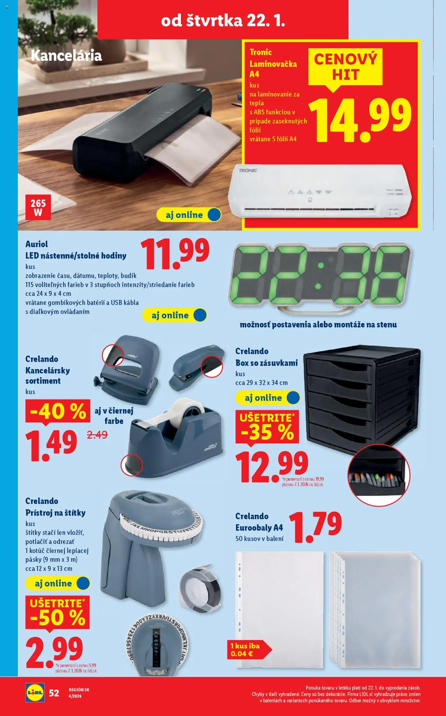 Nové Lidl akcie – leták je platný od 22.01.2026 | Strana: 22 | Produkty: Hodiny, Laminovačka, Laminátor