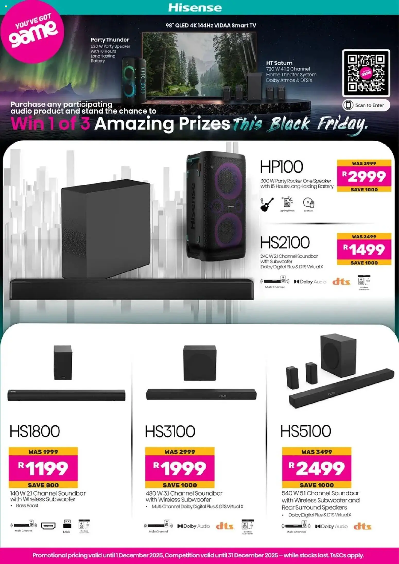 Game - HisenseBlack Friday valid from 01.12.2025 | Page: 1 | Products: Speaker, Tv, Audio, Battery