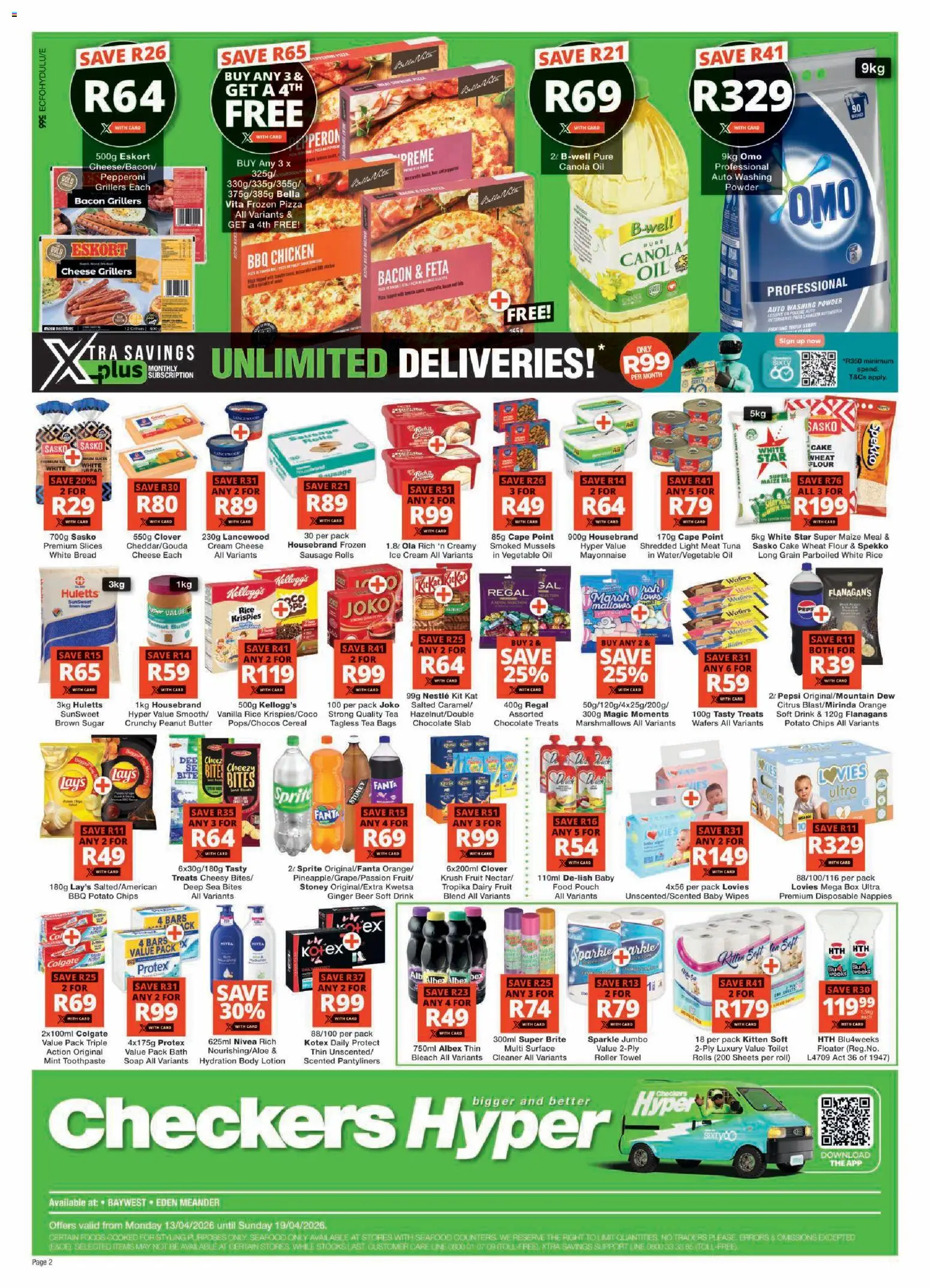 New Checkers catalogue – valid from 13.04.2026 | Page: 2 | Products: Toilet, Chocolate, Chips, Sugar