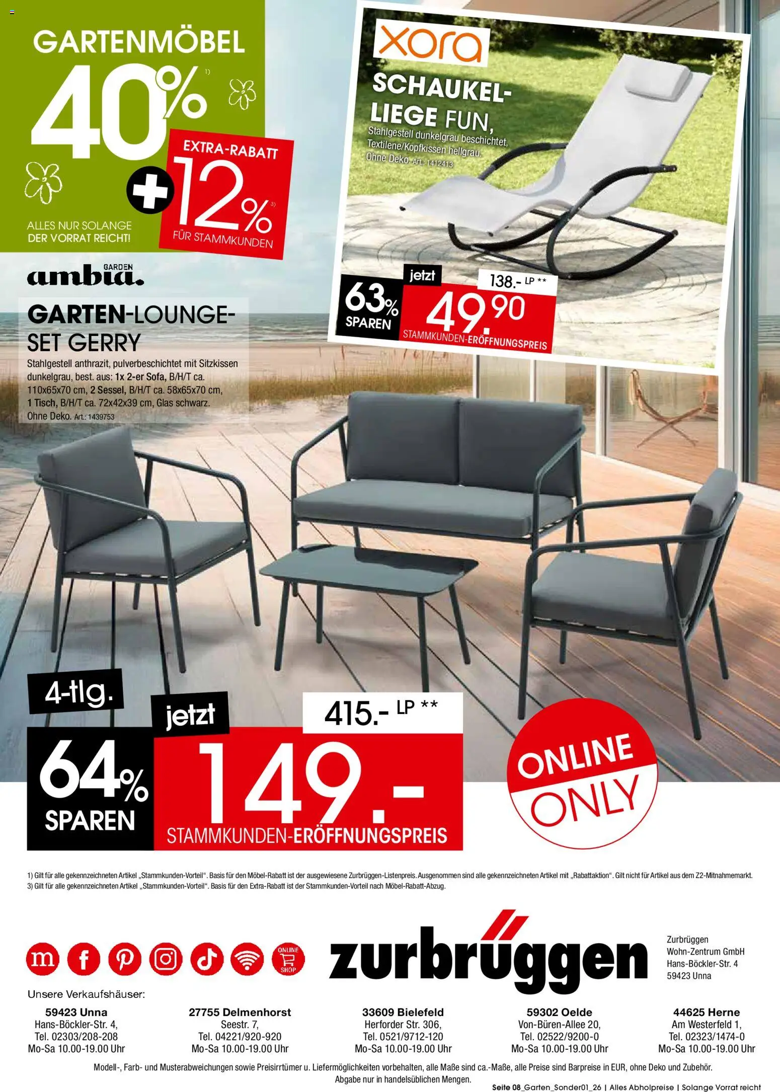 Zurbrüggen Garten Eröffnungspreise – gültig ab 31.03.2026 | Seite: 8 | Produkte: Liege, Gartenmöbel, Uhr