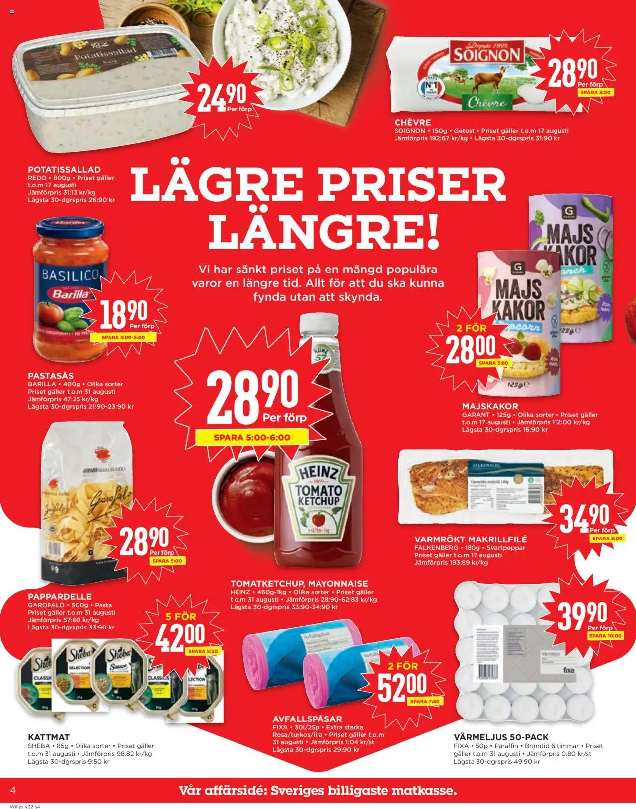 Willys reklamblad aktuell från 04.08.2025 | Sida: 4 | Produkter: Potatissallad, Avfallspåsar, Majskakor, Getost