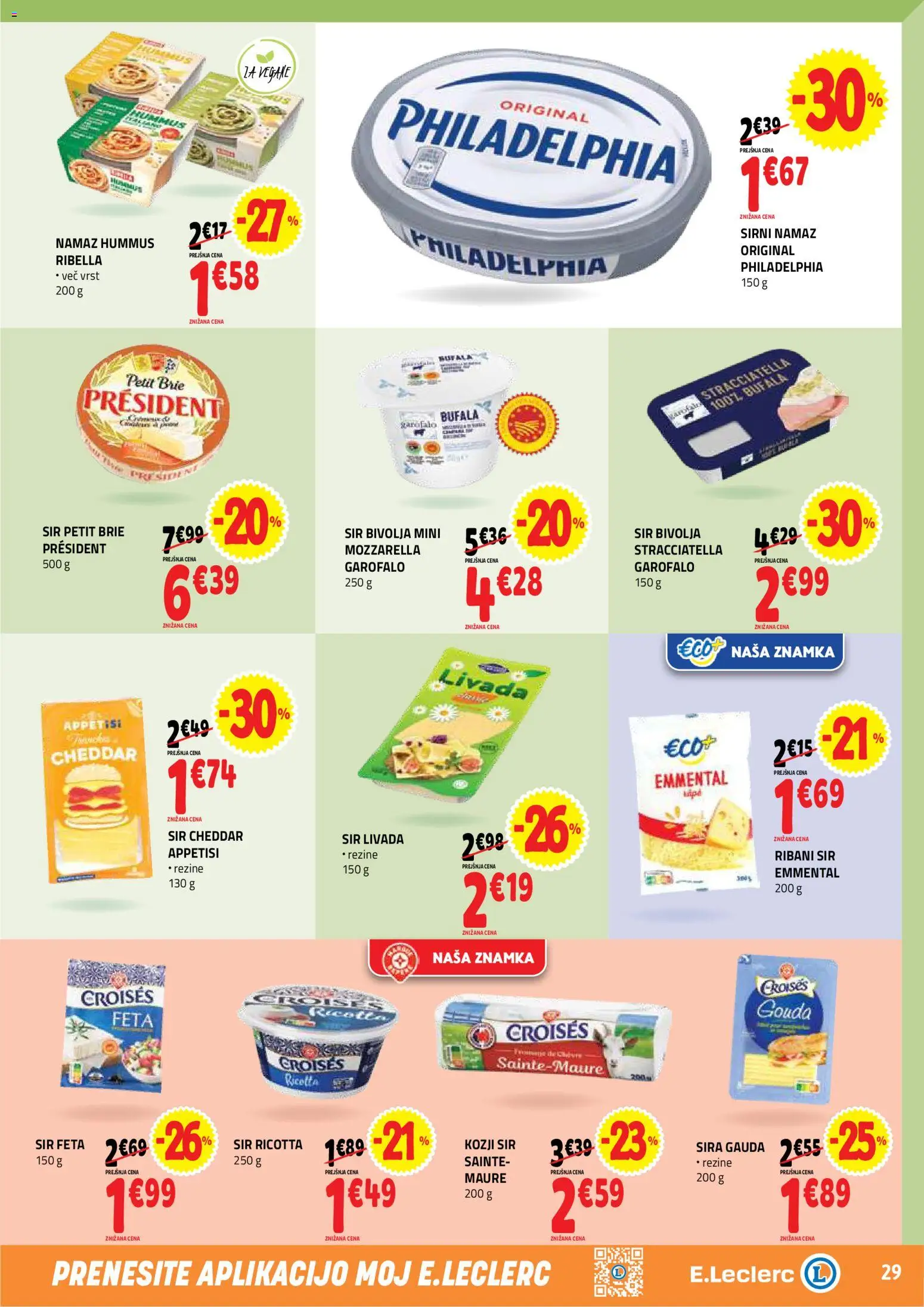 Novi E.leclerc katalog ponudbe – veljaven od 18.03.2026 | Stran: 29 | Izdelki: Sirni namaz, Namaz, Sir, Cheddar