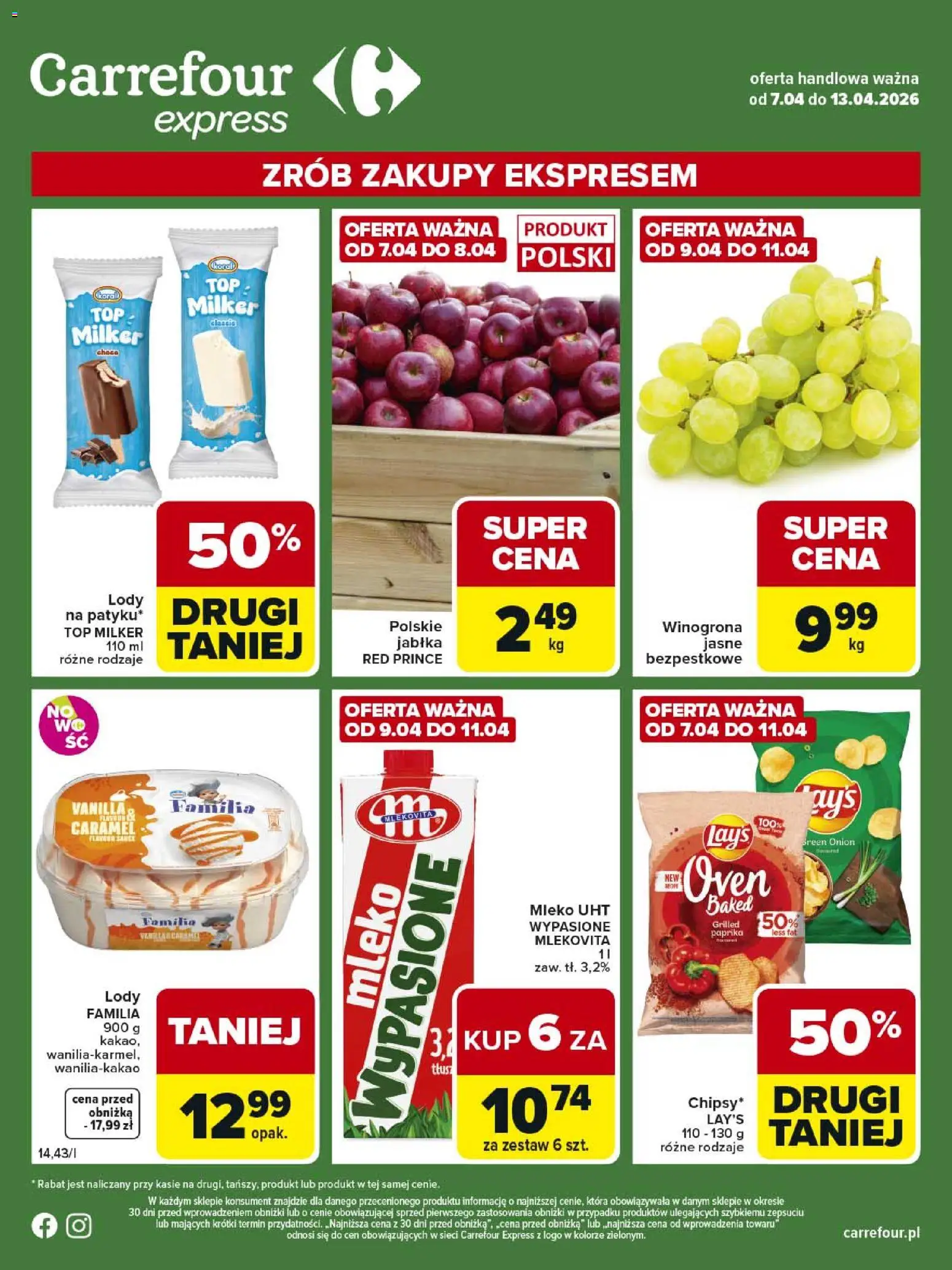 Carrefour gazetka - Express od 07.04.2026 | Strona: 1 | Produkty: Top, Mleko, Jabłka, Lody