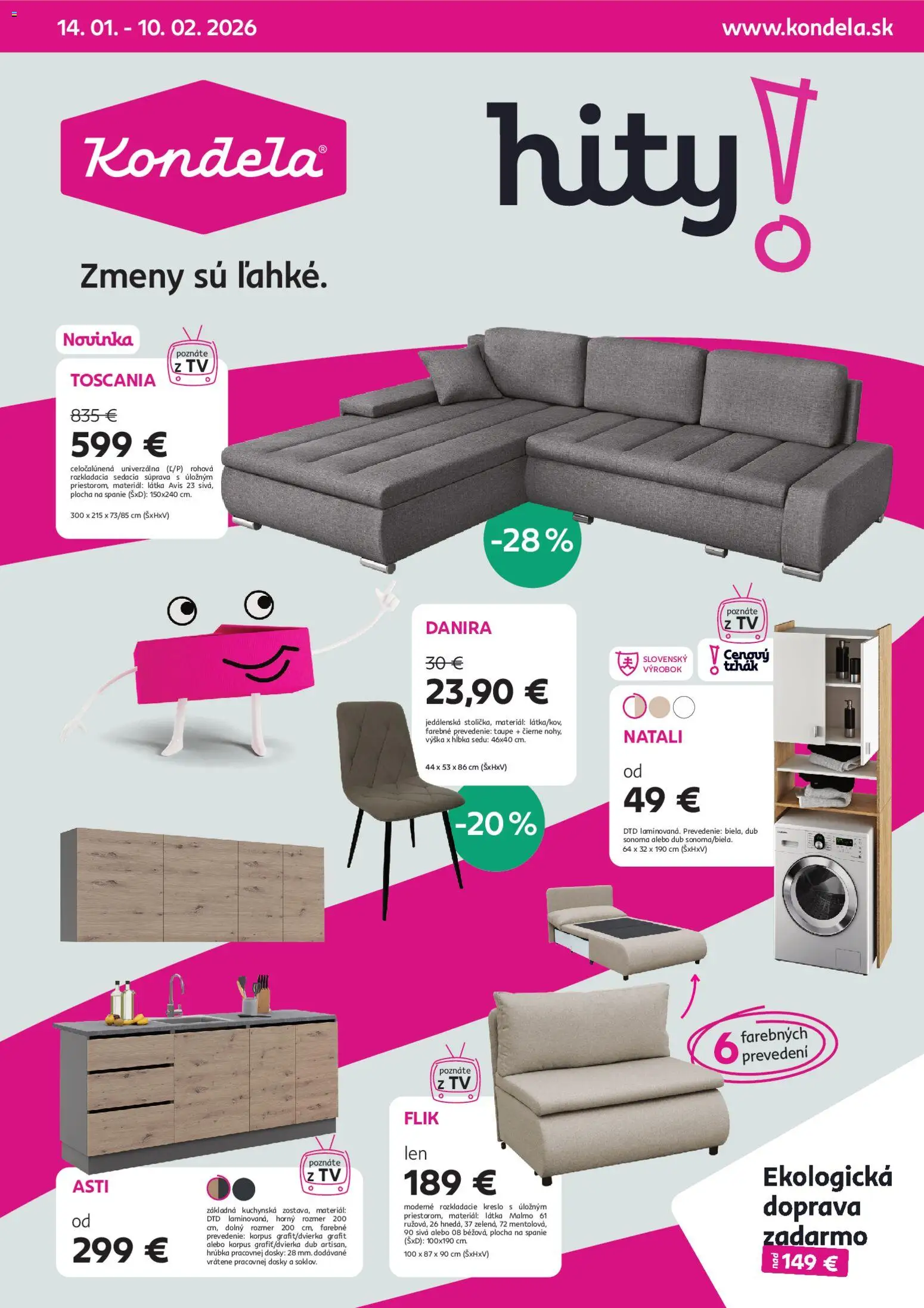 Nové Kondela akcie – leták je platný od 14.01.2026 | Strana: 1 | Produkty: Sedacia súprava, Tv, Rozkladacie kreslo