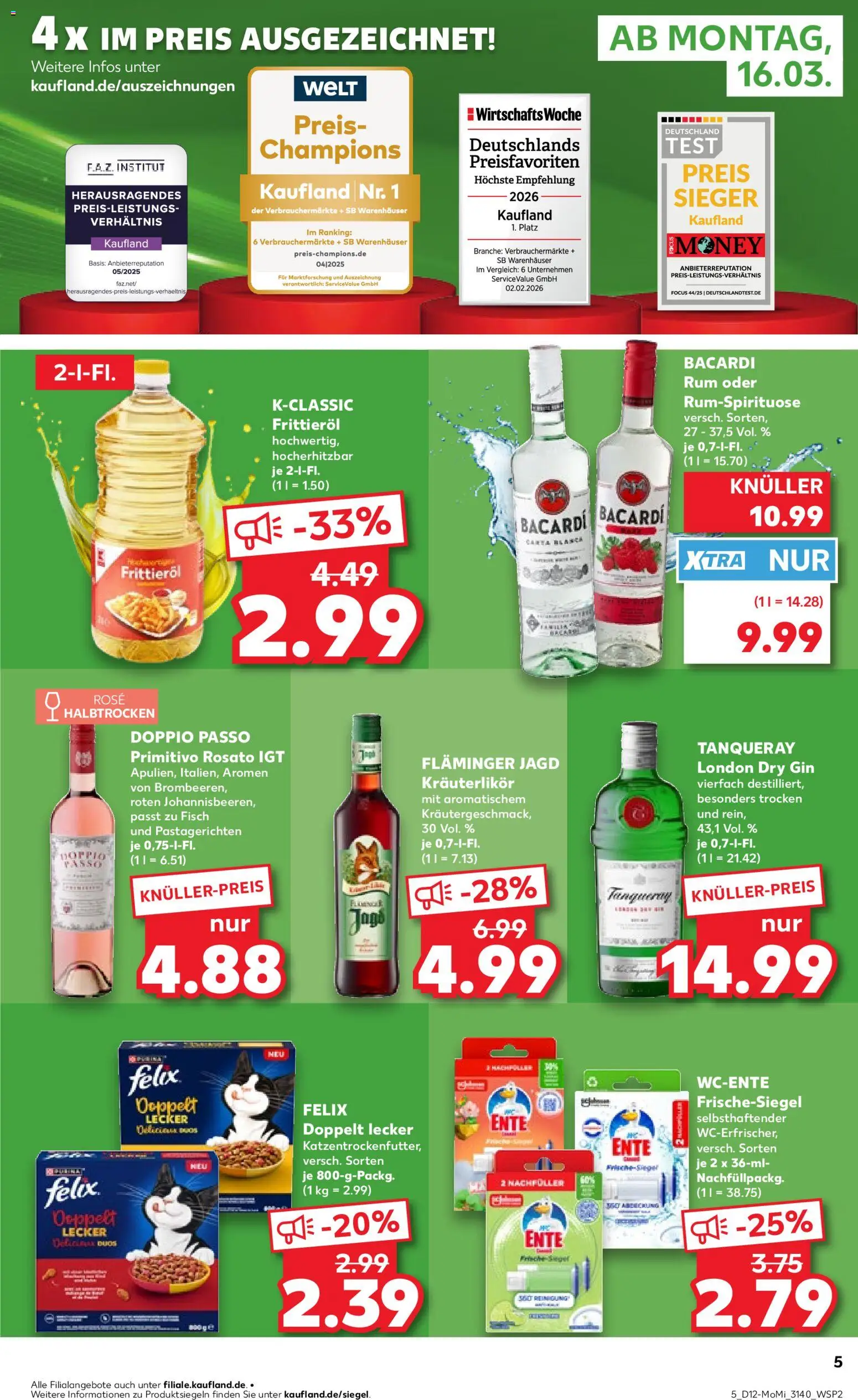 Kaufland Prospekt Leipzig	 – gültig ab 16.03.2026 | Seite: 5 | Produkte: Bacardi, Doppio passo primitivo, Gin, Ente