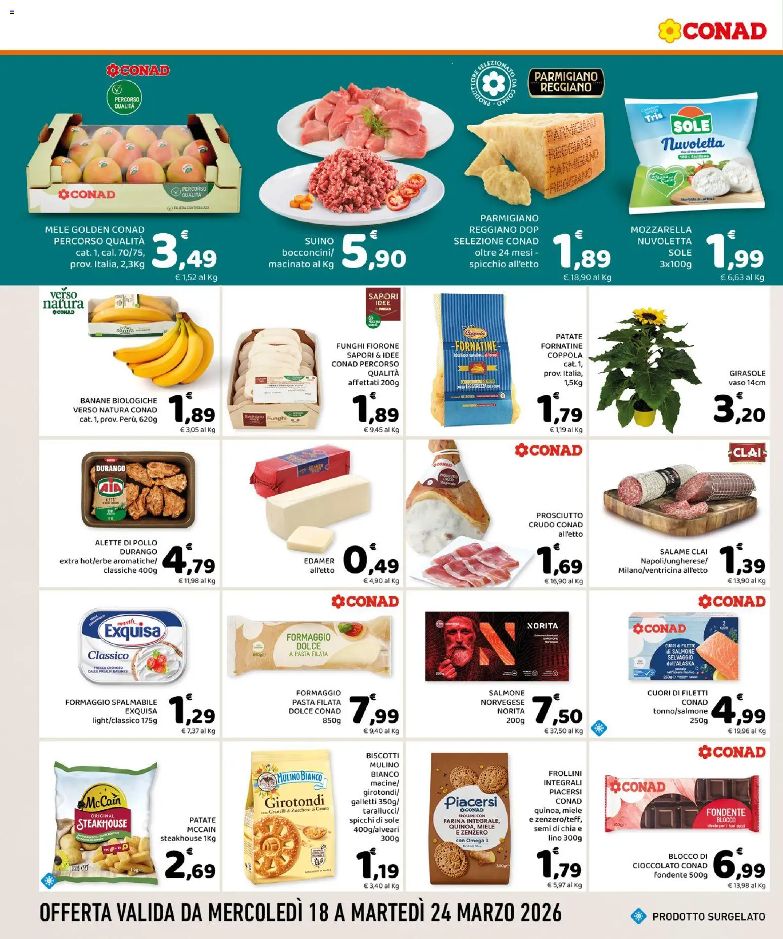 Volantino Conad del 18.03.2026 | Pagina: 2 | Prodotti: Salmone, Suino, Pasta, Frollini