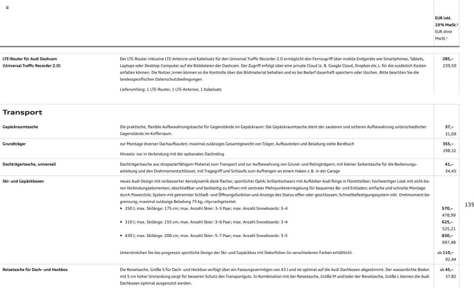 Audi Q8 – gültig ab 06.11.2025 | Seite: 135 | Produkte: Ski, Reisetasche