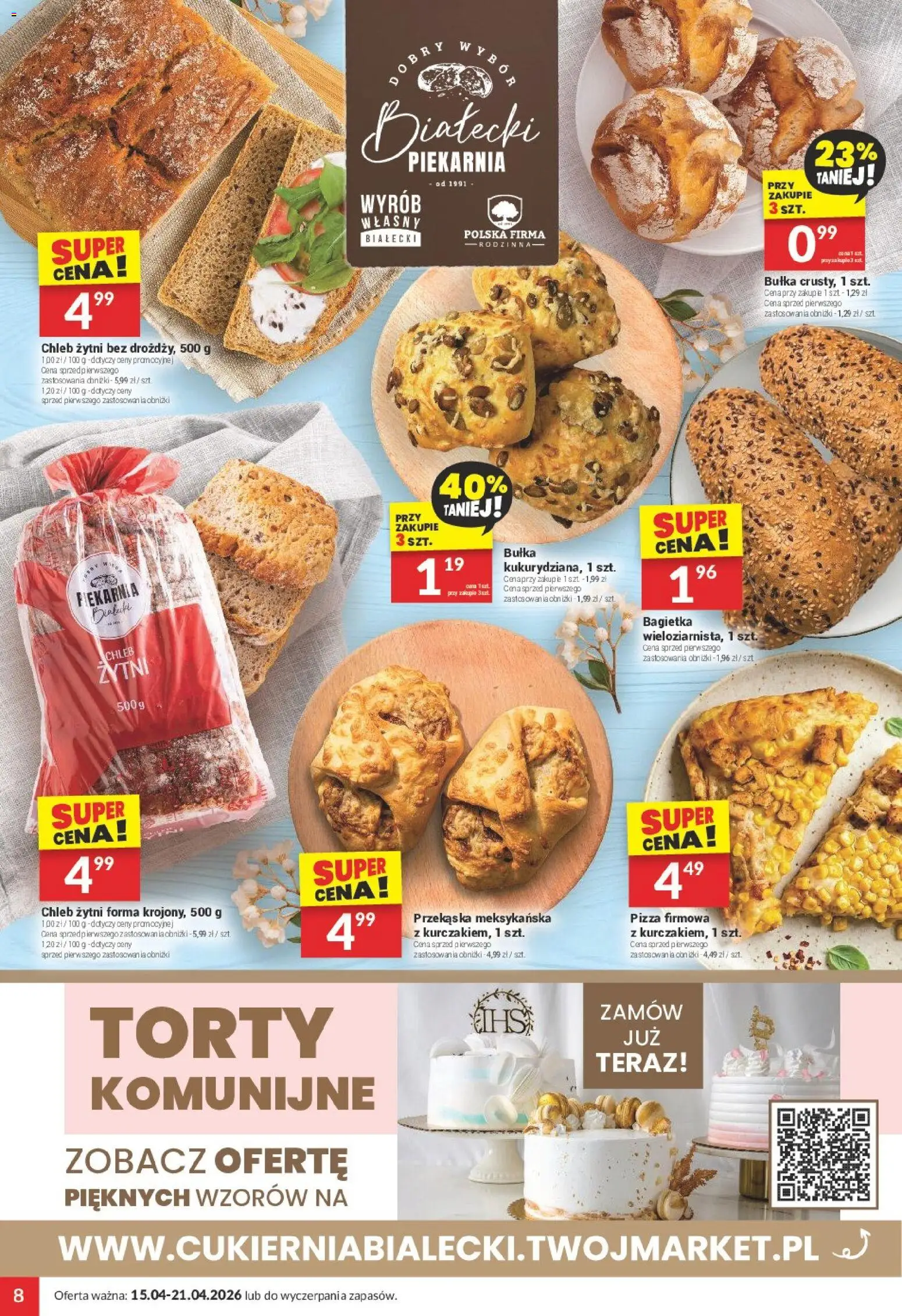 Twój Market gazetka od 15.04.2026 | Strona: 8 | Produkty: Chleb żytni, Piekarnia, Bułka, Pizza