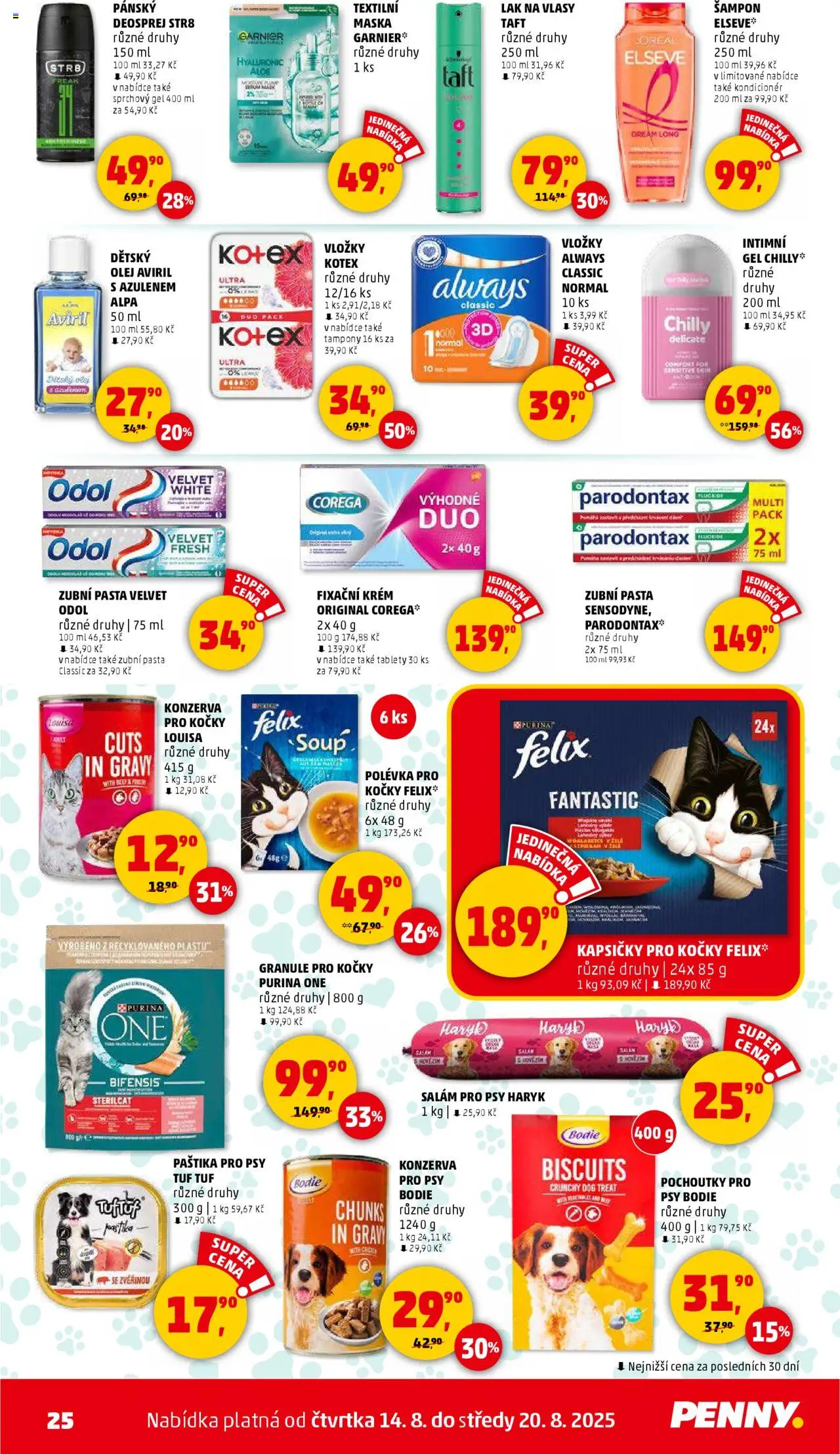 Penny Market leták - Čtvrtečník od 14.08.2025 | Strana: 25 | Produkty: Felix, Zubní pasta, Alpa, Tampony