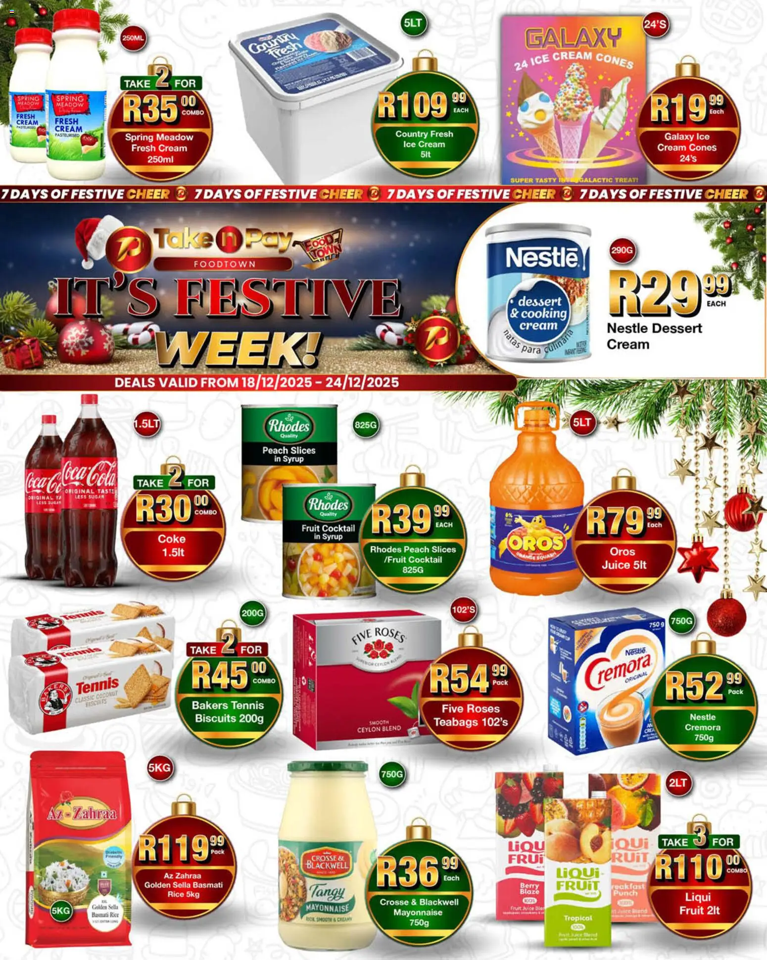 New Take n Pay catalogue – valid from 18.12.2025 | Page: 1 | Products: Coke, Rice, Syrup, Peach