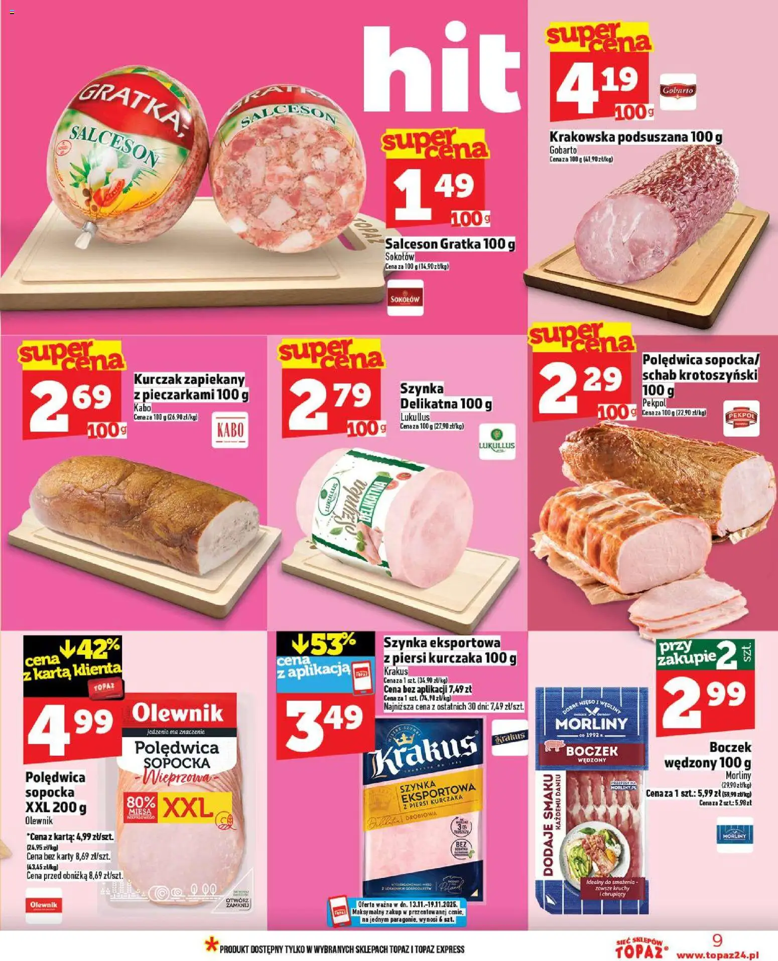 Topaz Gazetka od 13.11.2025 | Strona: 9 | Produkty: Karta, Kurczak, Boczek wędzony, Wędliny