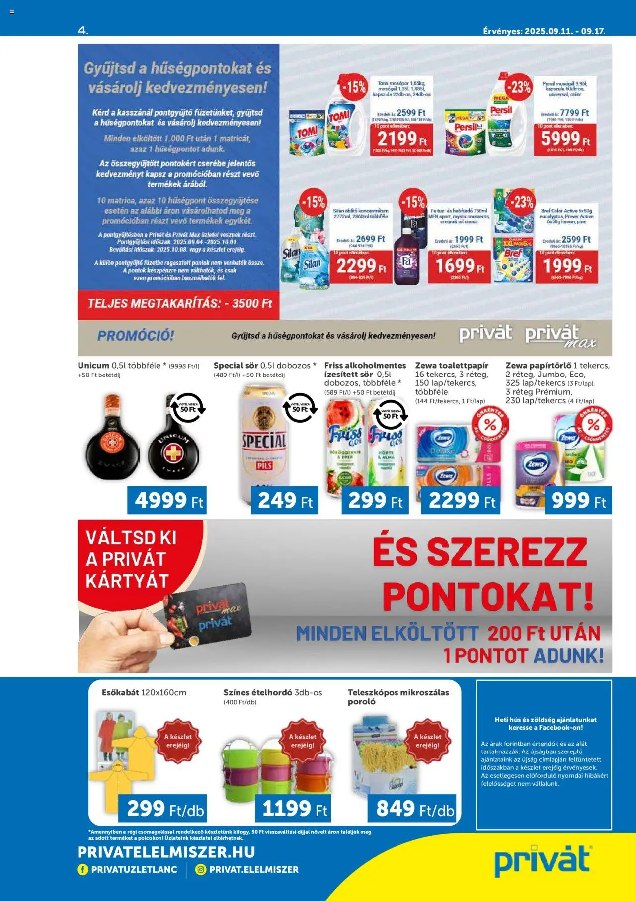 PRIVÁT akciós ujság - amely érvényes a következő dátumtól: 11.09.2025 | Oldal: 4 | Termékek: Persil, Hús, Papírtörlő, Ételhordó