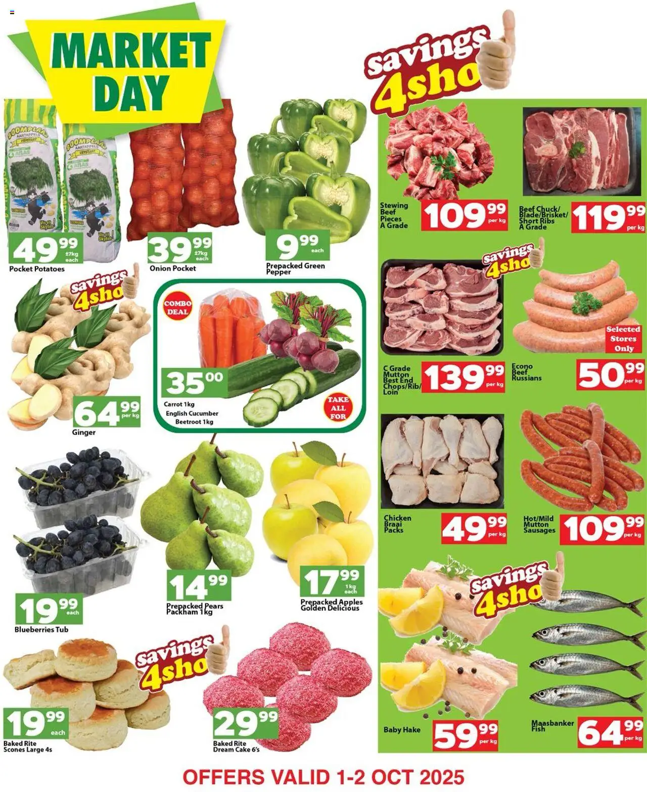 New Check Save catalogue – valid from 01.10.2025 | Page: 2 | Products: Pears, Cake, Blueberries, Ribs