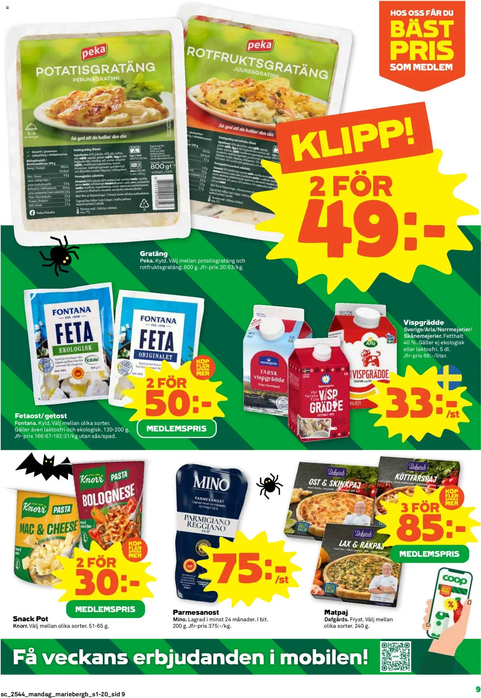 Coop Forum reklamblad aktuell från 27.10.2025 | Sida: 9 | Produkter: Potatisgratäng, Lax, Pasta, Vispgrädde