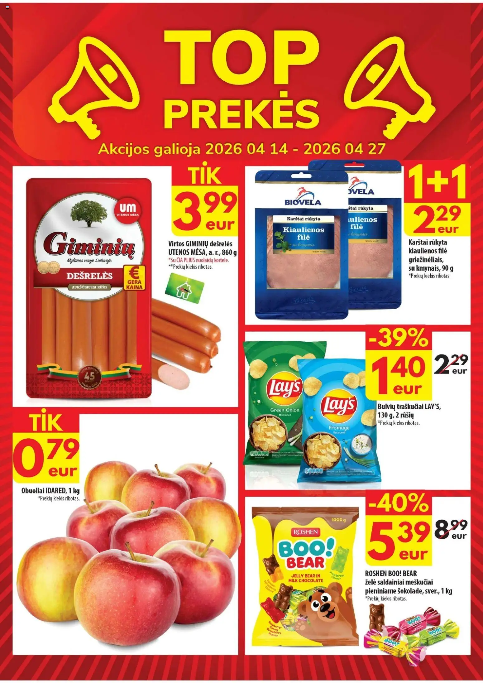 ČIA MARKET akcijos nuo 14.04.2026 | Puslapis: 2 | Prekių: Kiaulienos, Dešrelės, Obuoliai, Saldainiai