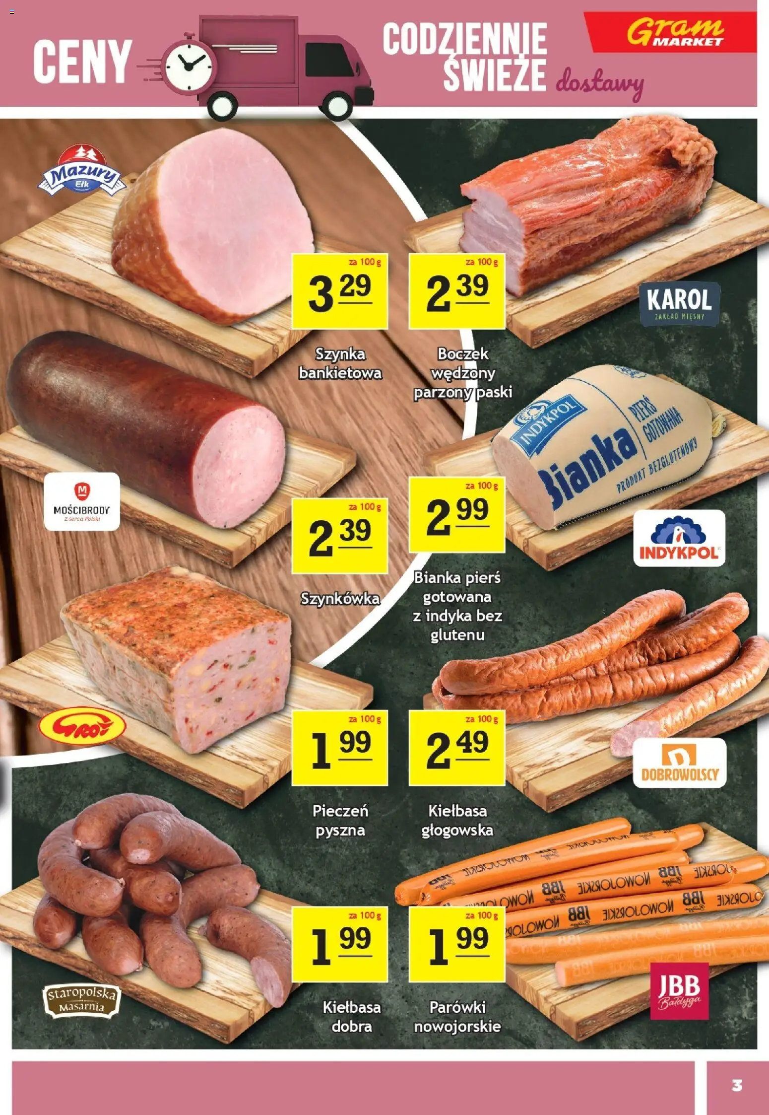 Gram Market Gazetka od 14.01.2026 | Strona: 3 | Produkty: Kiełbasa, Parówki, Szynka, Boczek