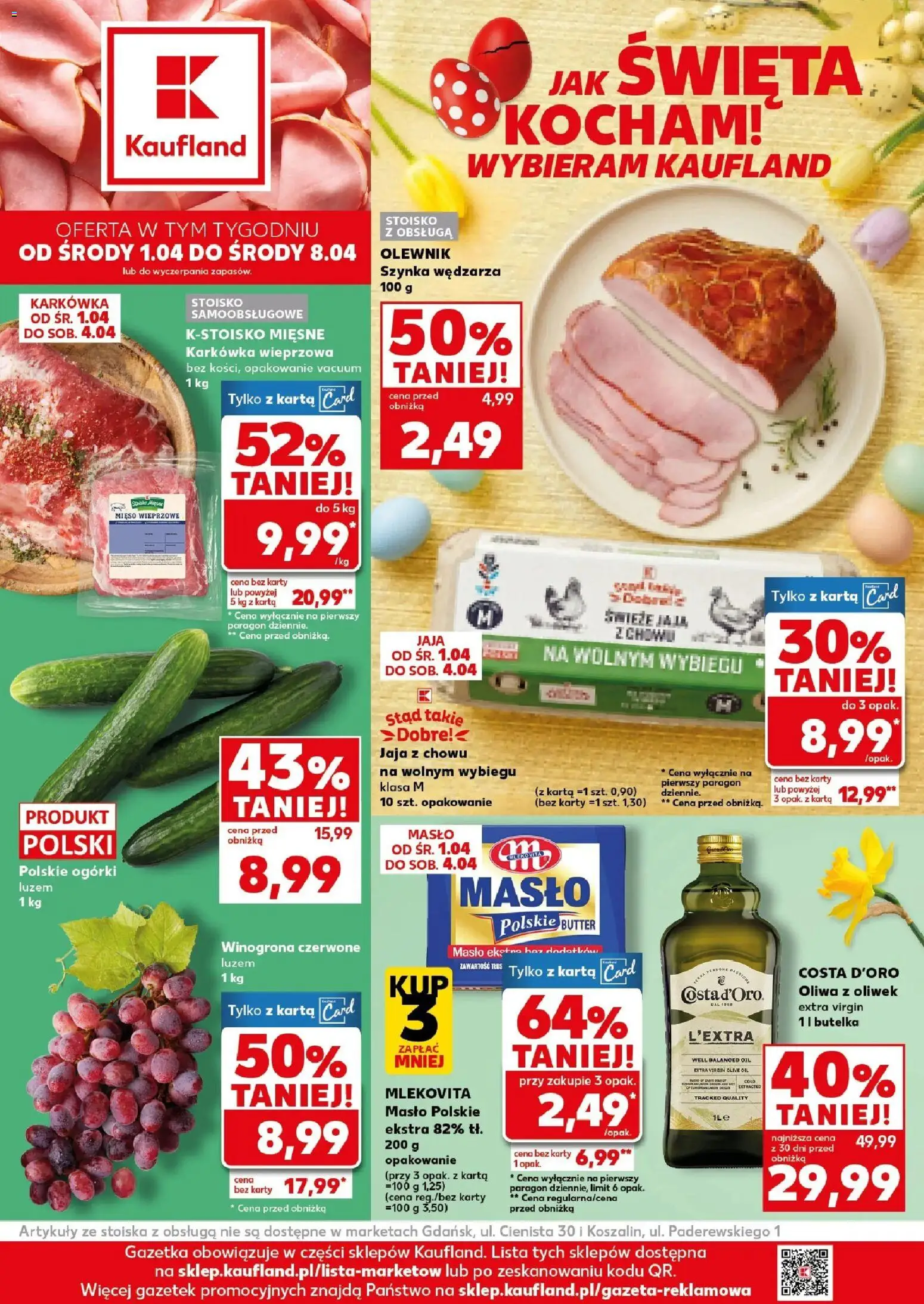 Kaufland gazetka od 01.04.2026 | Strona: 1 | Produkty: Winogrona, Karkówka wieprzowa, Szynka, Masło