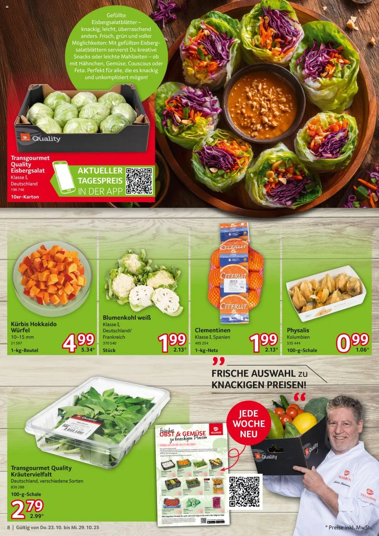 Selgros Prospekt 	 – gültig ab 23.10.2025 | Seite: 8 | Produkte: Eisbergsalat, Gemüse, Kürbis, Blumenkohl