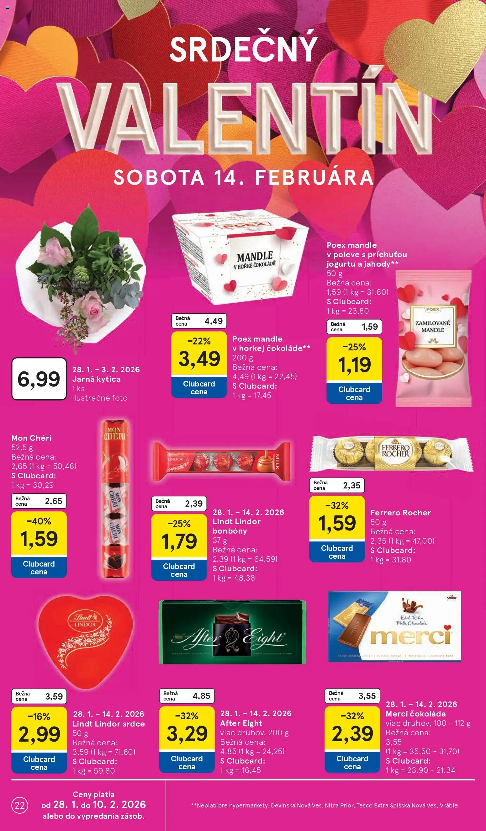 Nové Tesco akcie – leták je platný od 28.01.2026 | Strana: 22 | Produkty: Lindor, Merci, Ferrero Rocher, Mandle