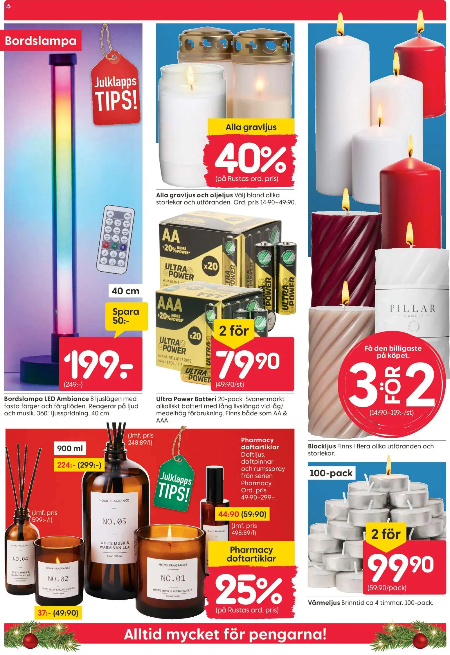 Rusta reklamblad aktuell från 15.12.2025 | Sida: 6 | Produkter: Bordslampa, Batteri, Värmeljus