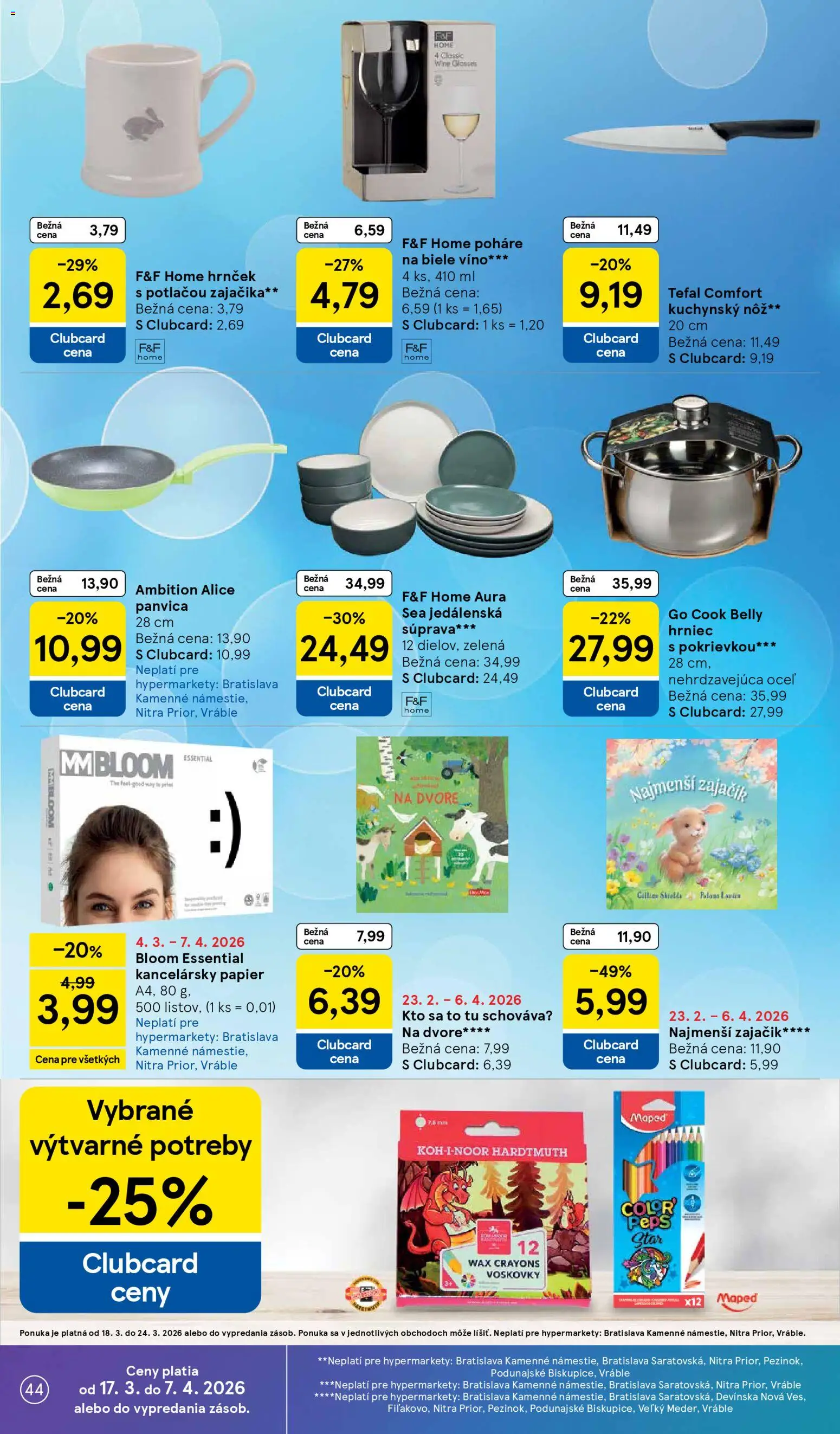 Nové Tesco akcie – leták je platný od 18.03.2026 | Strana: 44 | Produkty: Biele víno, Kancelársky papier, Panvica, Tefal