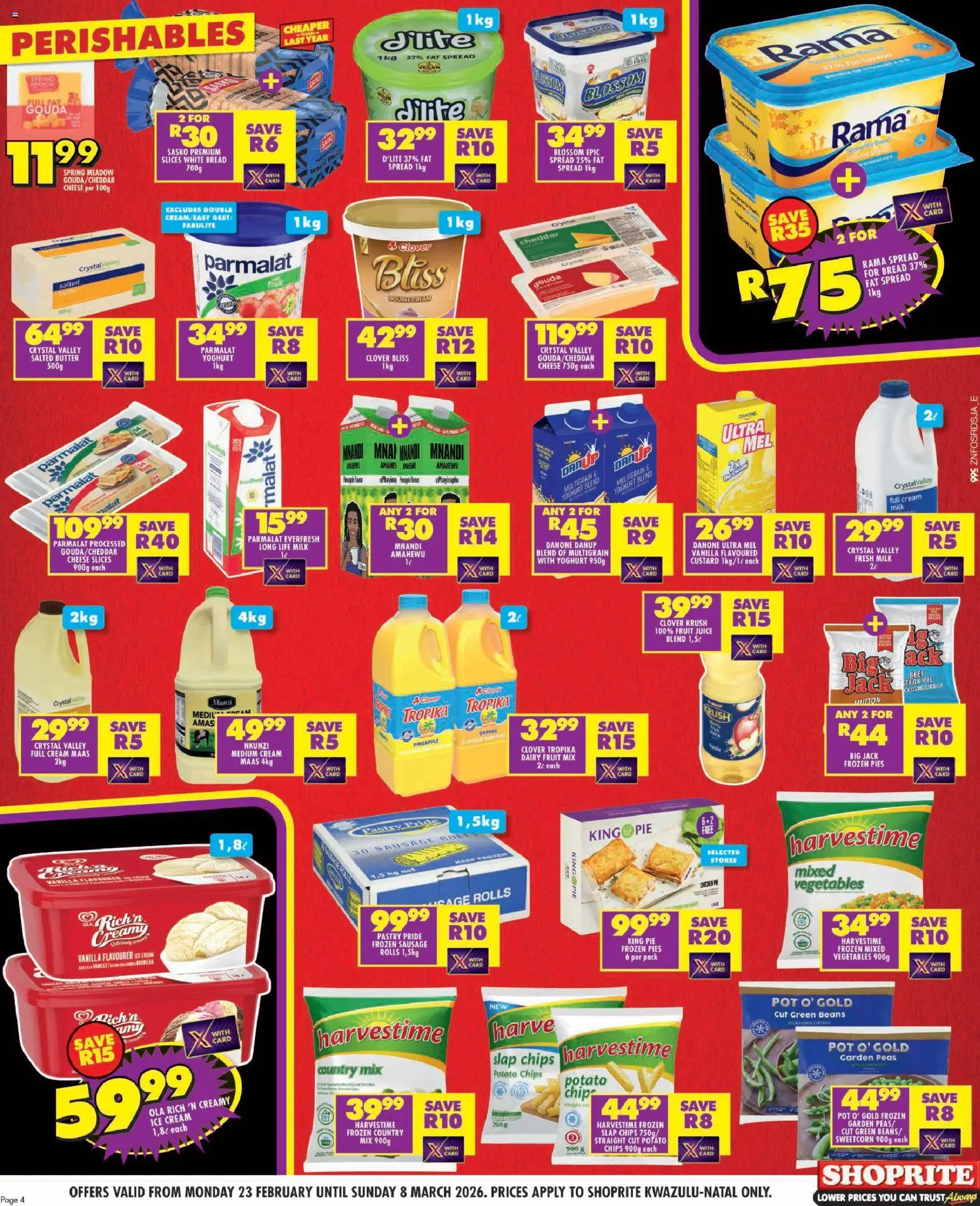 New Shoprite catalogue – valid from 23.02.2026 | Page: 4 | Products: Bread, Juice, Chicken, Chips