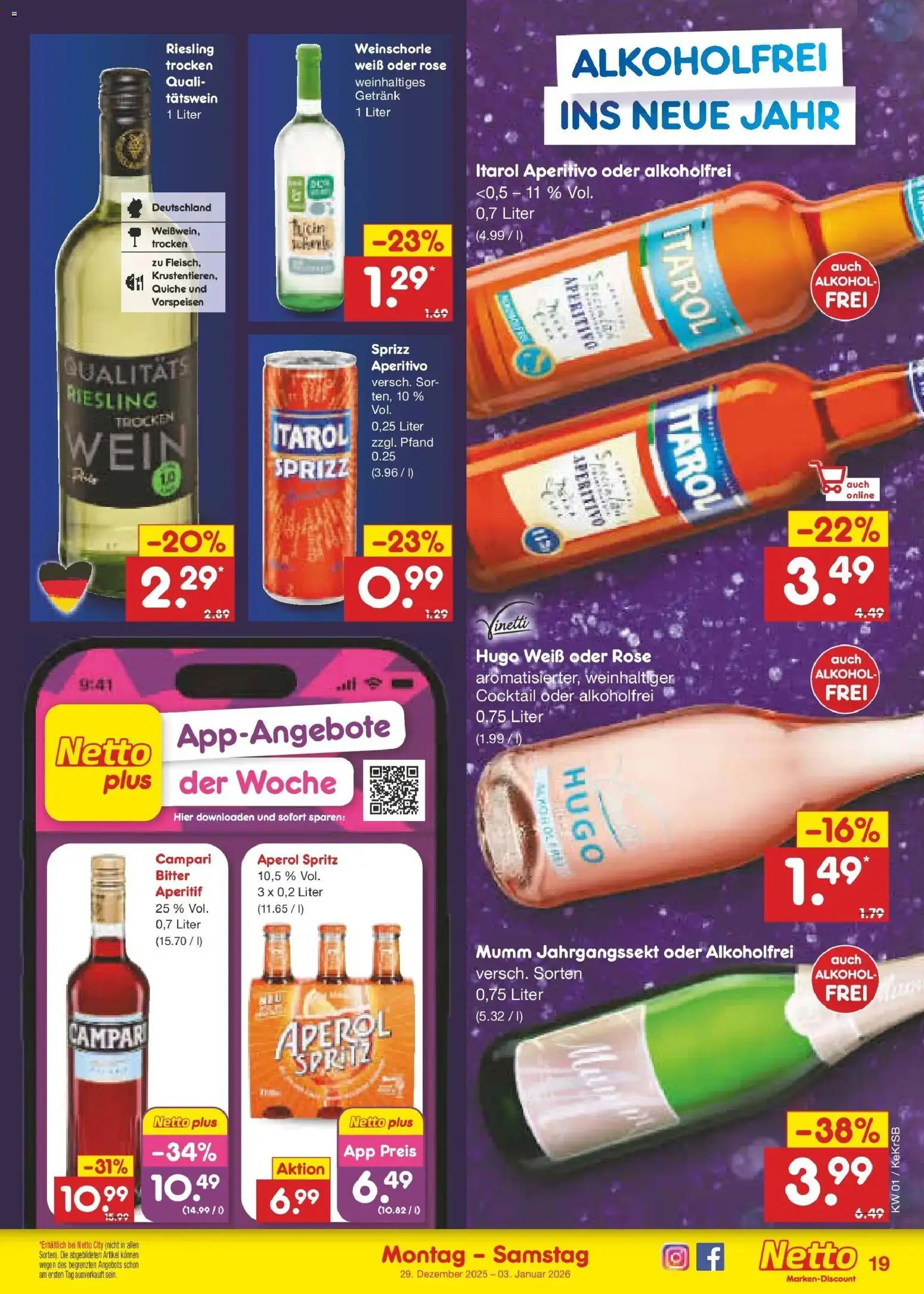 Netto Marken-Discount prospekt Jüchen	 – gültig ab 28.12.2025 | Seite: 19 | Produkte: Campari, Aperol, Wein, Hugo