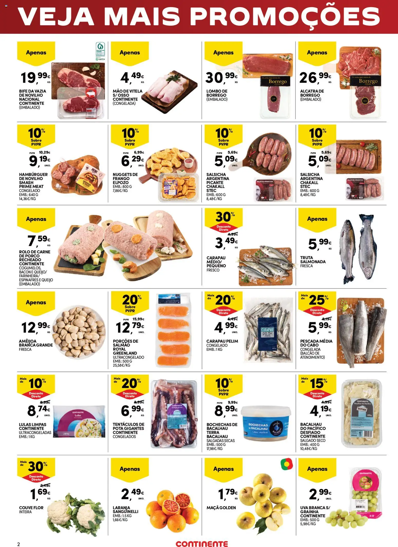 Continente - Fim de Semana │ válido de 13.02.2026 | Página: 2 | Produtos: Bacalhau, Hambúrguer, Carne de porco, Truta