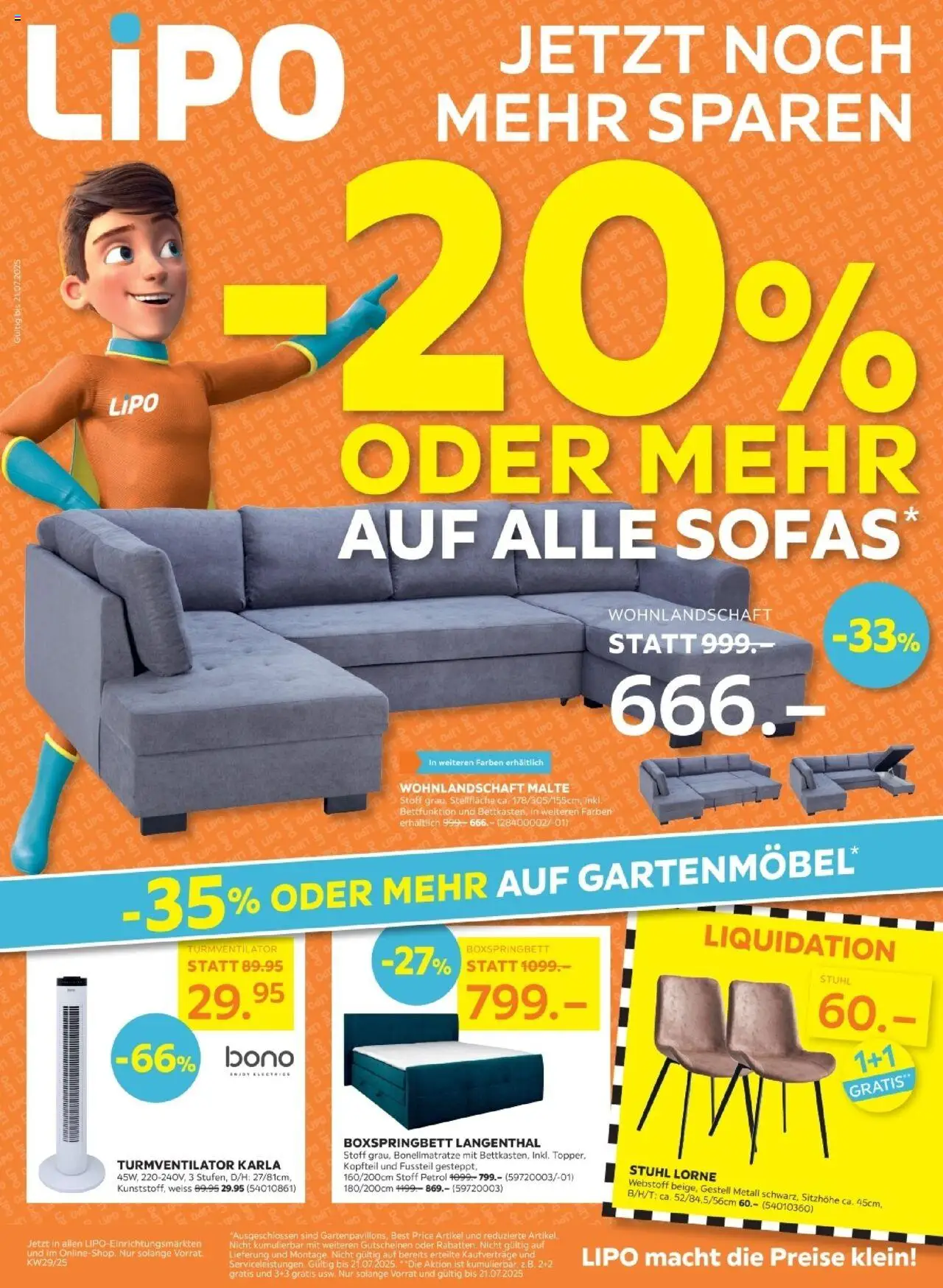 Lipo Aktionen ab 15.07.2025 | Seite: 1 | Produkte: Stuhl, Turmventilator, Boxspringbett, Wohnlandschaft