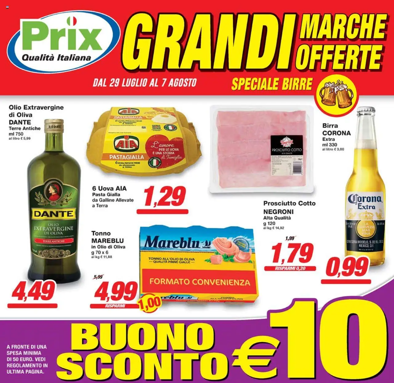 Volantino Prix del 29.07.2025 | Pagina: 1 | Prodotti: Prosciutto Cotto, Uova, Olio, Pinne