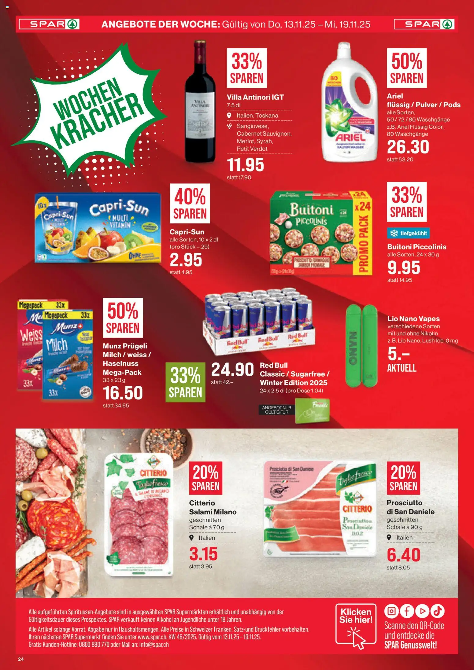 SPAR Aktionen – gültig ab 13.11.2025 | Seite: 24 | Produkte: Red bull, Pulver, Milch, Salami