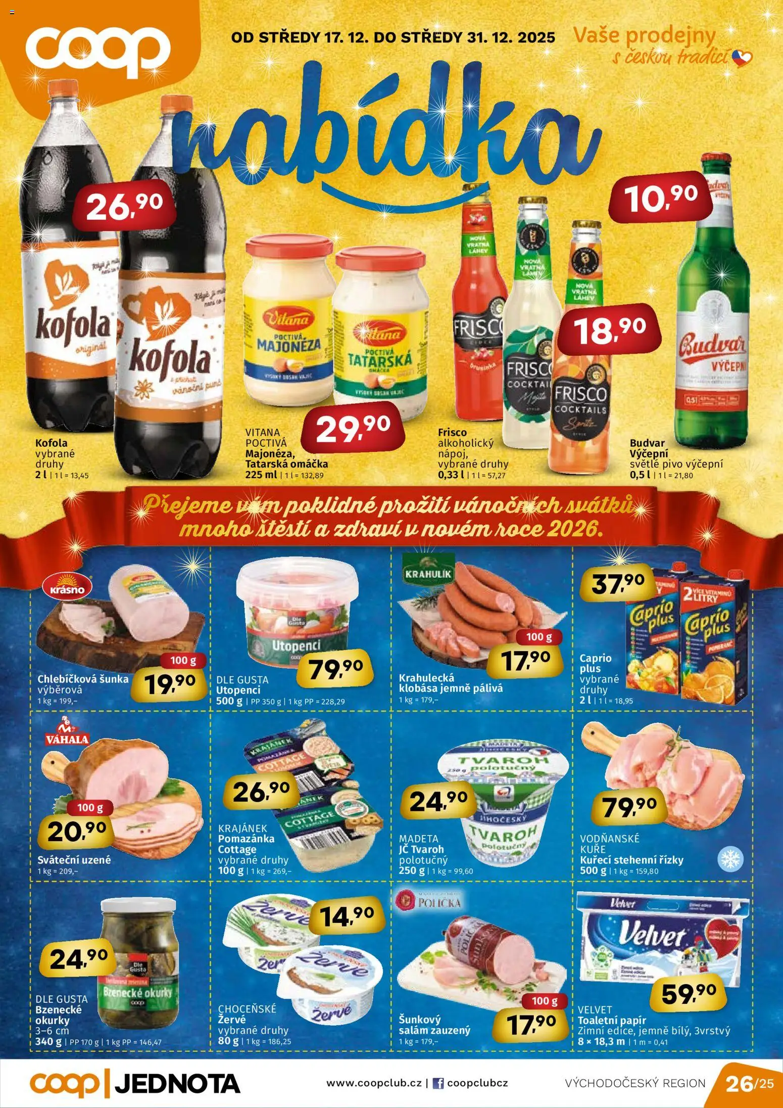Coop leták - Východočeský region od 17.12.2025 | Strana: 1 | Produkty: Polička, Tvaroh, Okurky, Utopenci