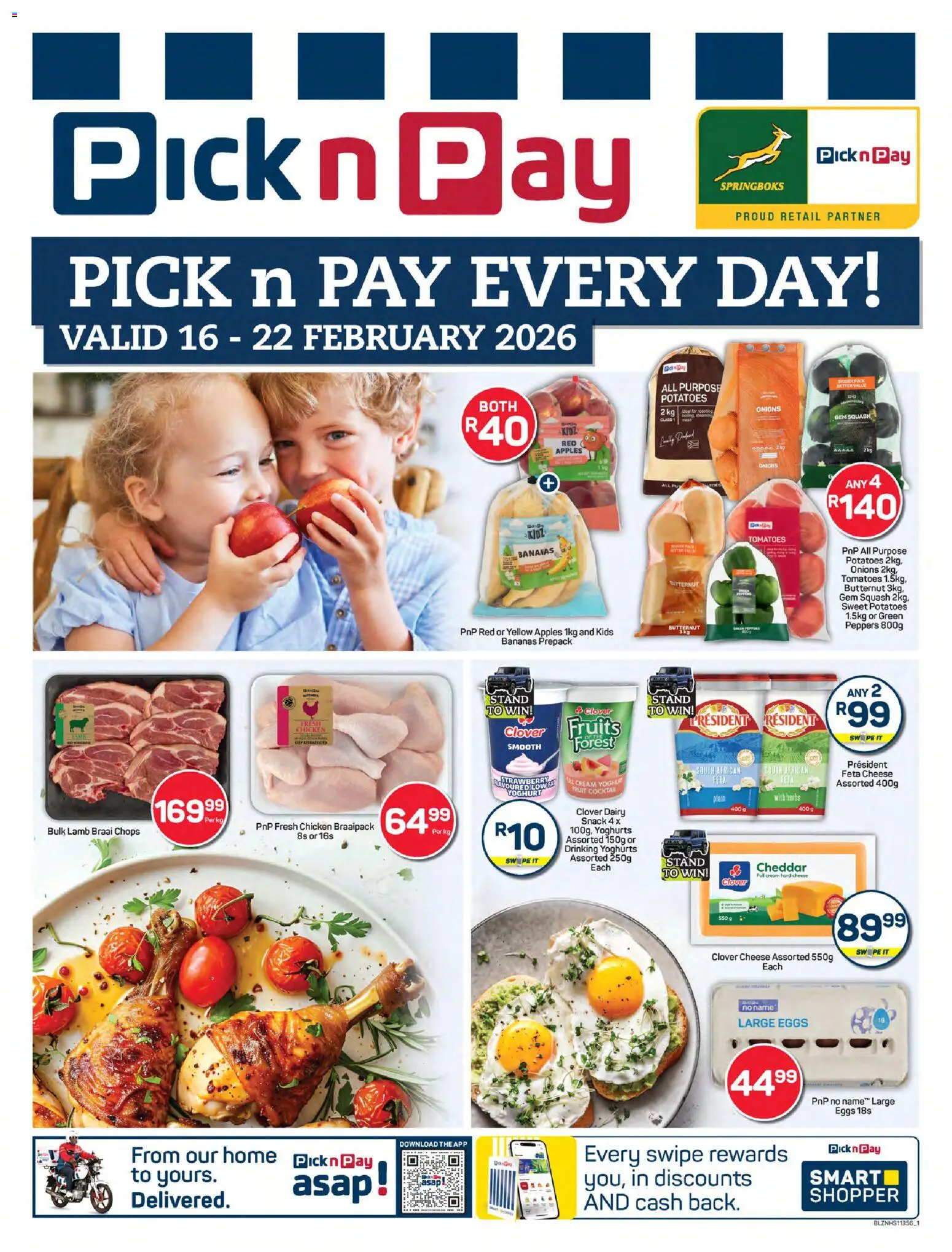 New Pick n Pay catalogue – valid from 16.02.2026 | Page: 1 | Products: Cheese, Bananas, Onions, Herbs