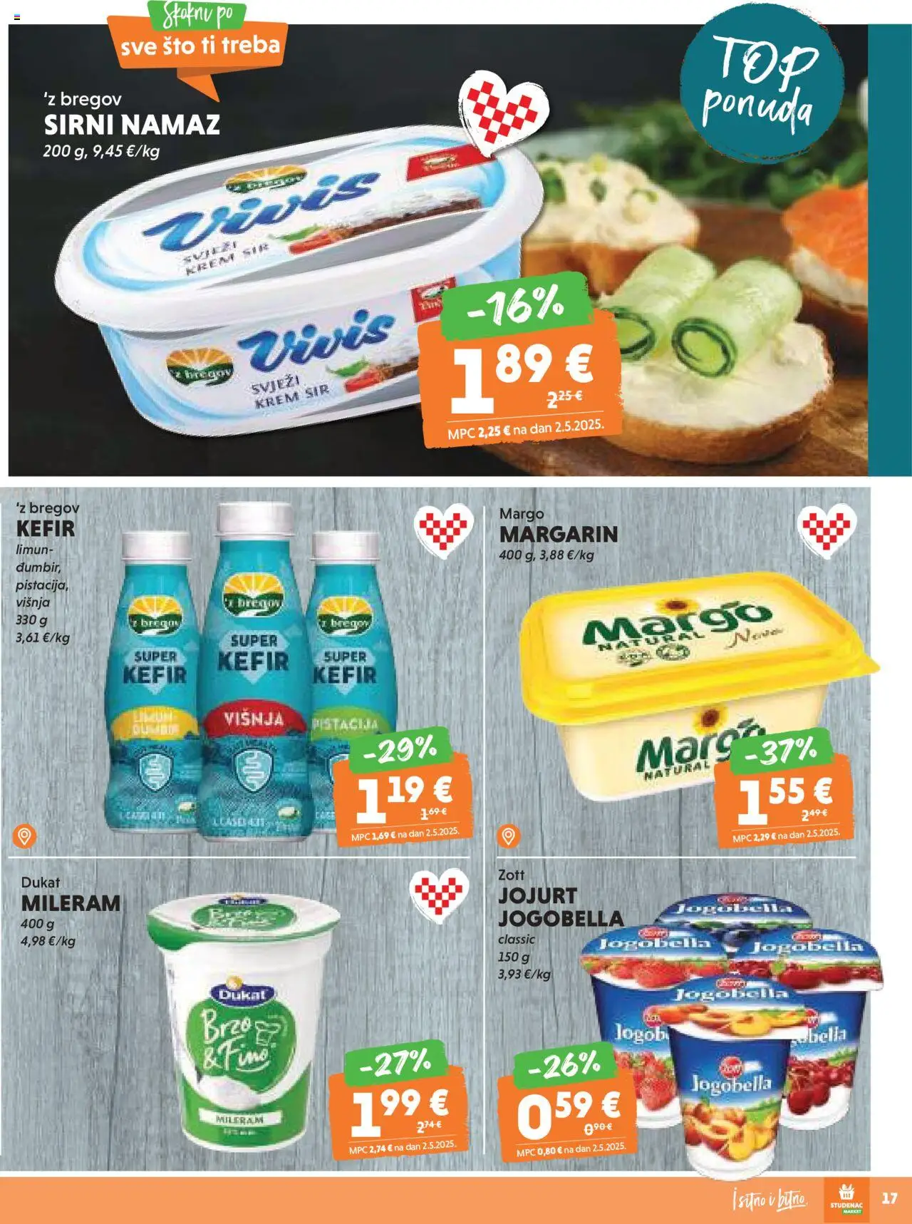 Studenac katalog | vrijedi od 10.09.2025 | Stranica: 17 | Proizvodi: Krem sir, Sir, Margarin, Kefir