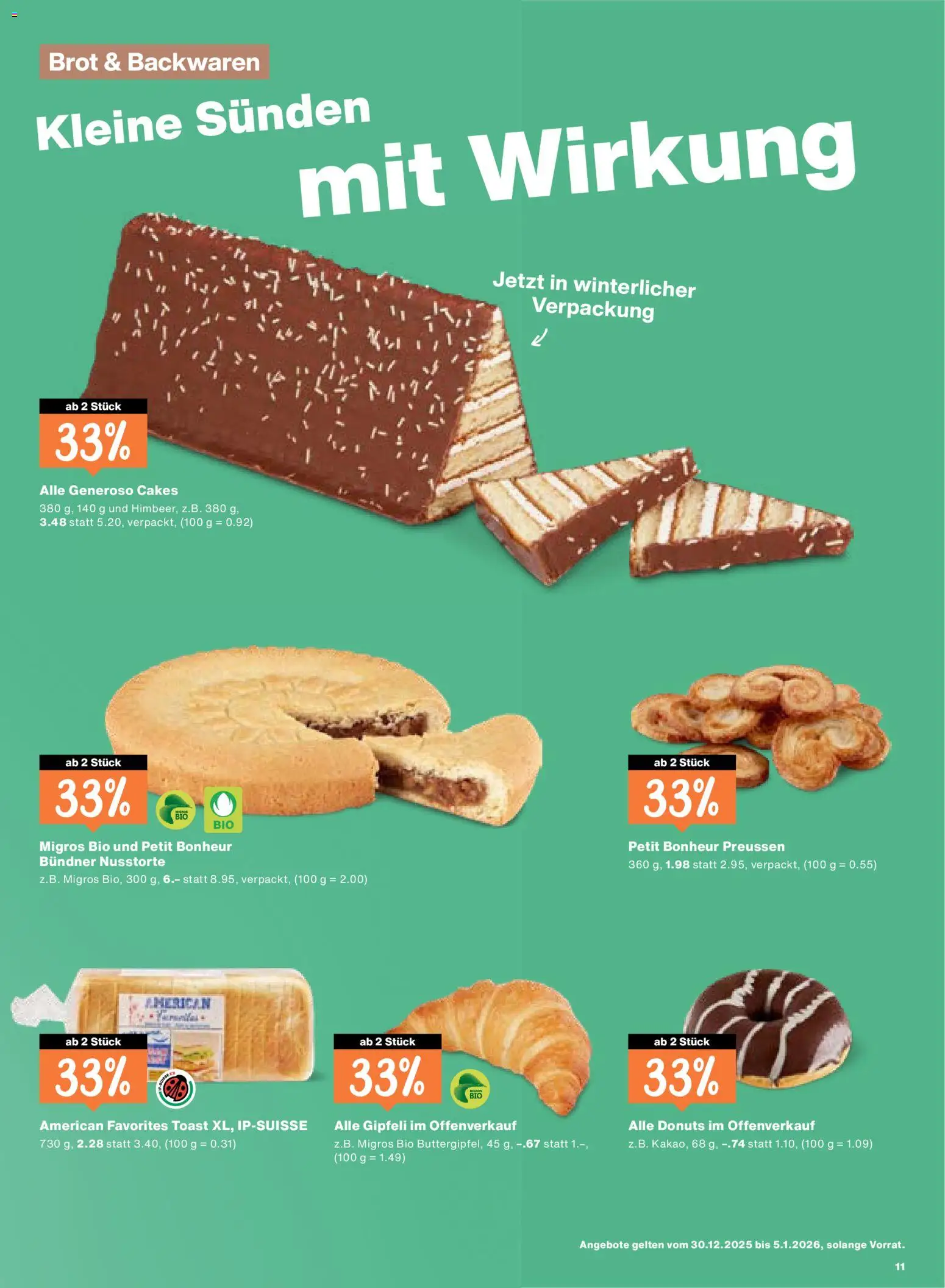 Migros Aktionen – gültig ab 30.12.2025 | Seite: 11 | Produkte: Gipfeli, Donuts, Brot