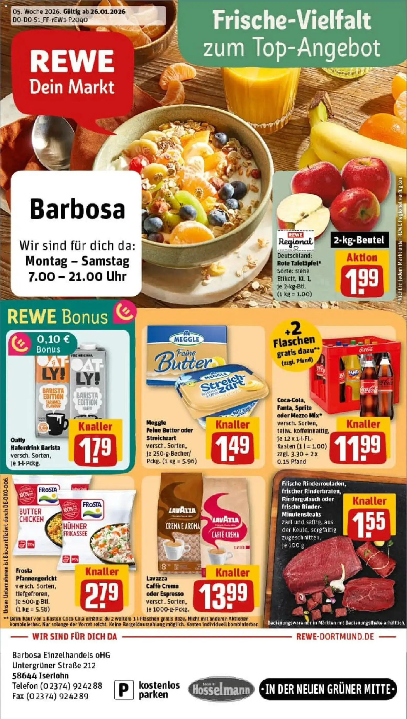 Rewe prospekt Iserlohn	 – gültig ab 26.01.2026 | Seite: 1 | Produkte: Coca cola, Cola, Haferdrink, Uhr