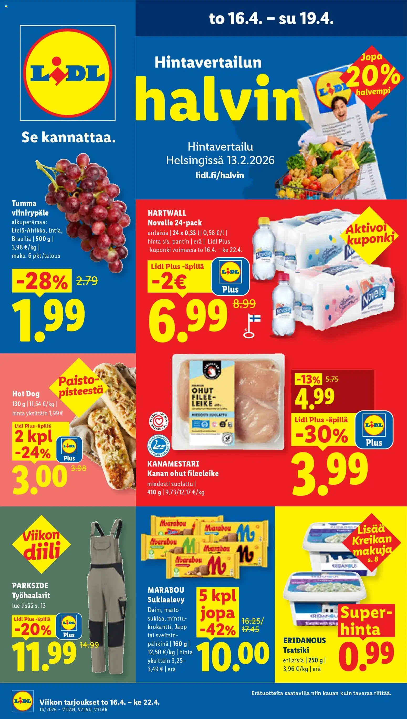 Lidl tarjoukset – voimassa 16.04.2026 alkaen | Sivu: 1 | Tuotteet: Minttu, Maito, Hot dog