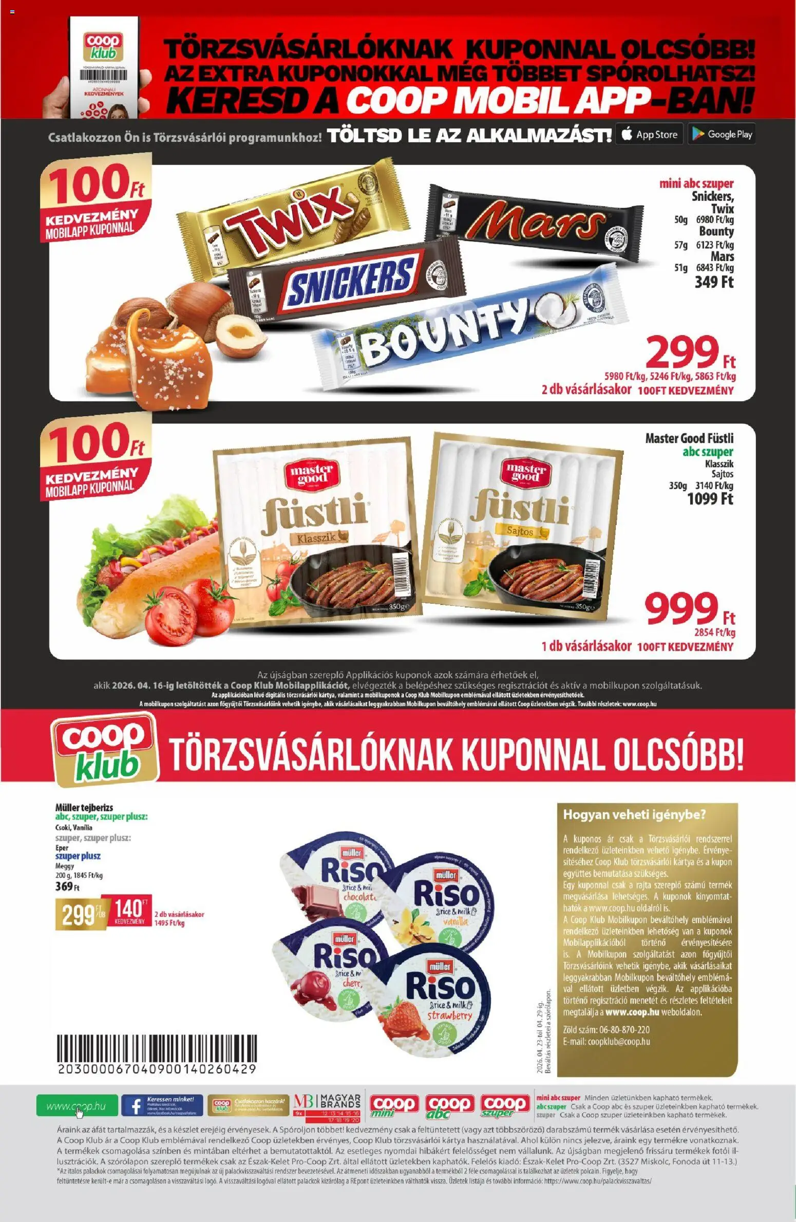 COOP akciós ujság - amely érvényes a következő dátumtól: 23.04.2026 | Oldal: 12 | Termékek: Tejberizs, Meggy, Snickers, Eper