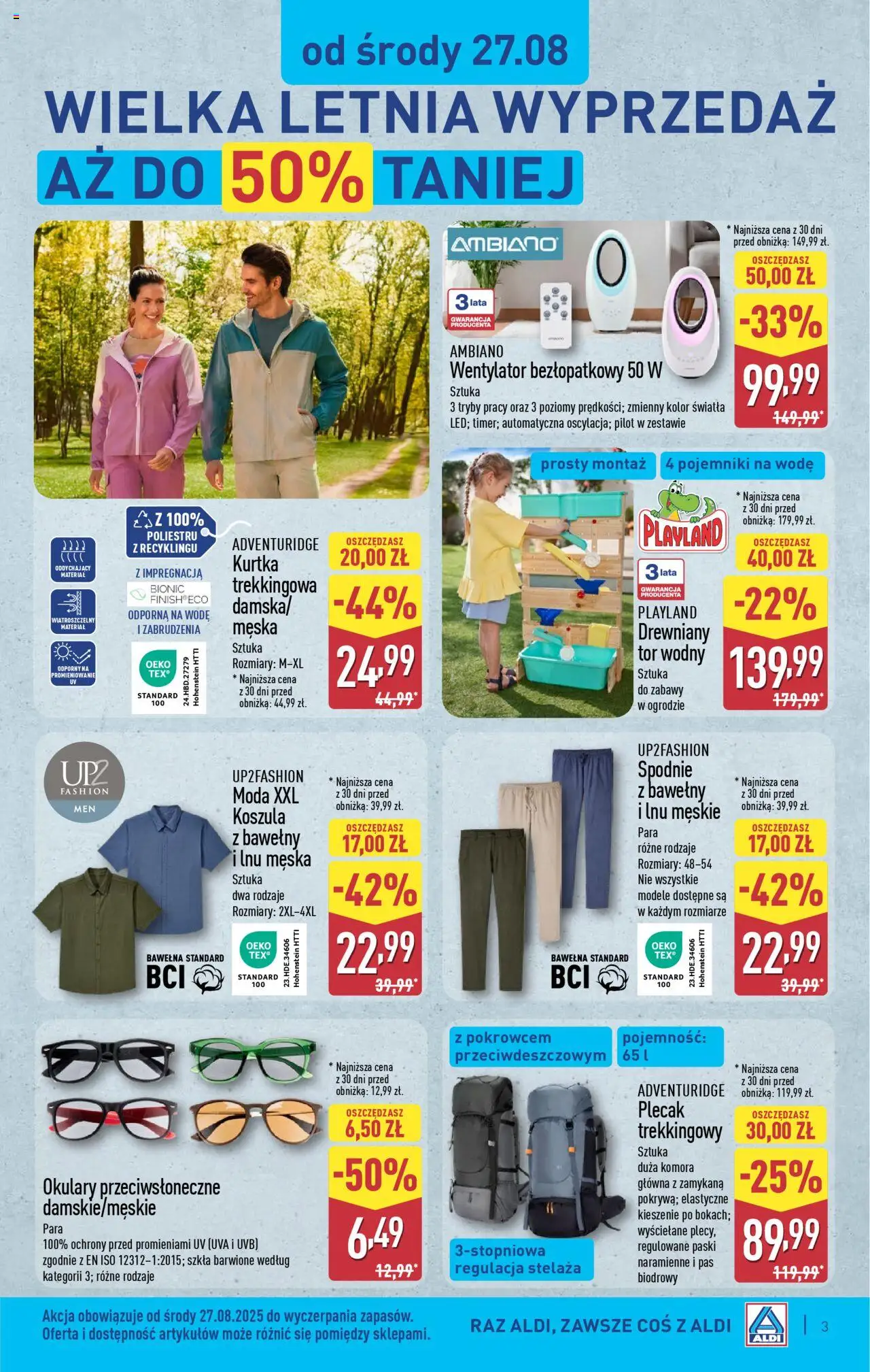 Aldi Gazetka - Hity od Środy i od Soboty od 27.08.2025 | Strona: 3 | Produkty: Plecak, Okulary, Wentylator, Finish