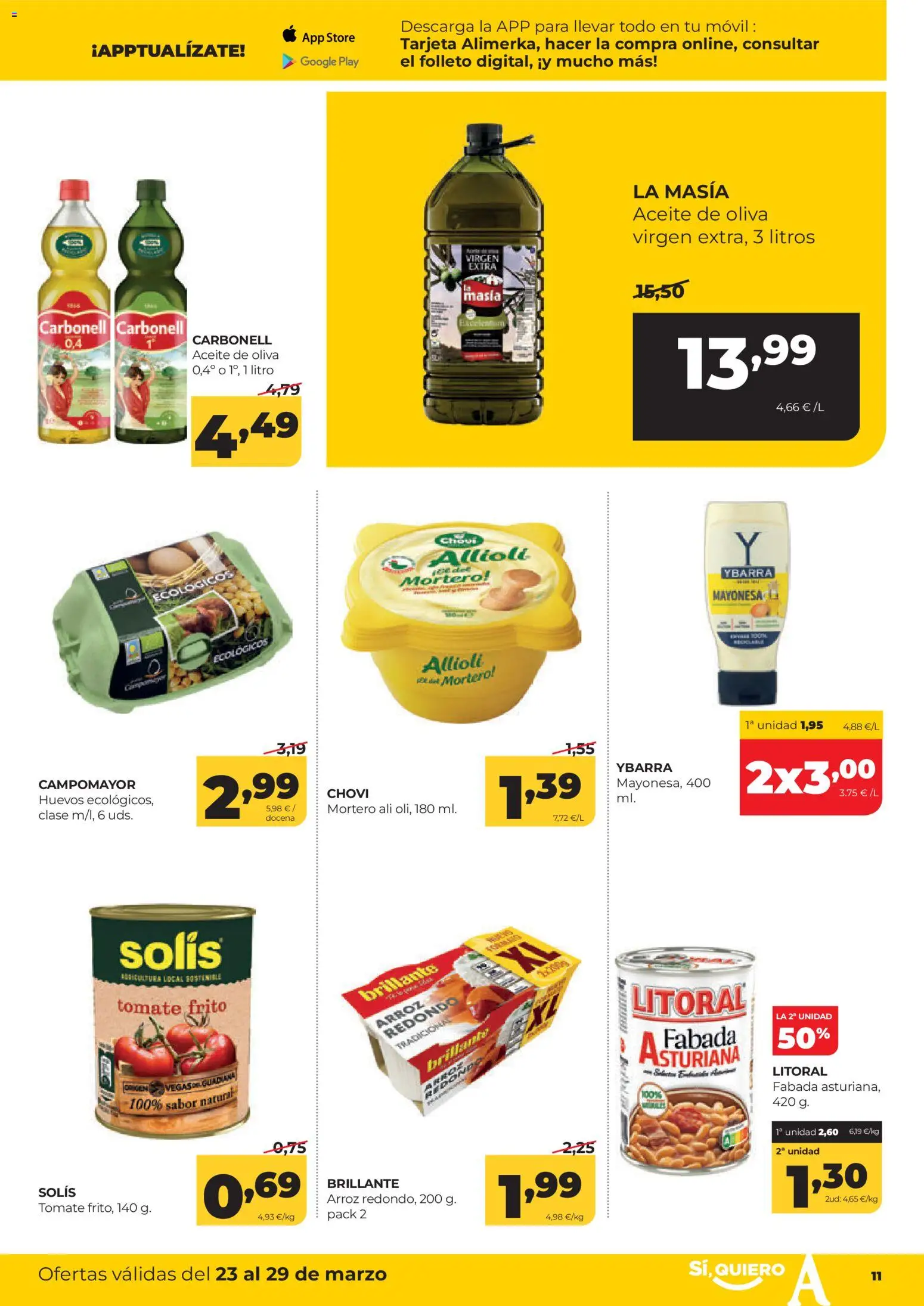 Alimerka folleto Asturias │ válido desde el 23.03.2026 | Página: 11 | Productos: Huevos, Aceite, Arroz, Οθόνη προβολής