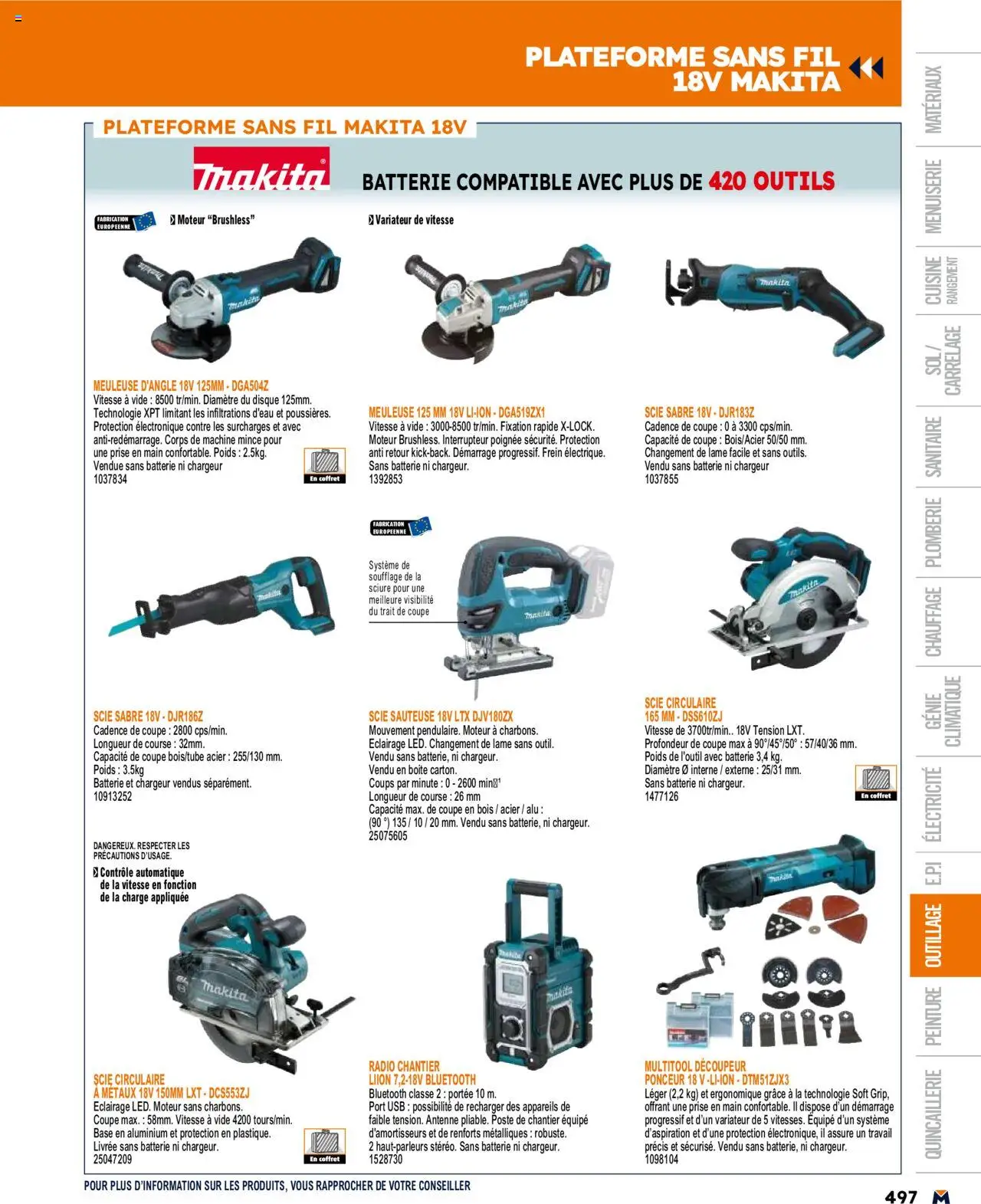  | Page: 497 | Produits: Radio, Scie circulaire, Batterie, Antenne