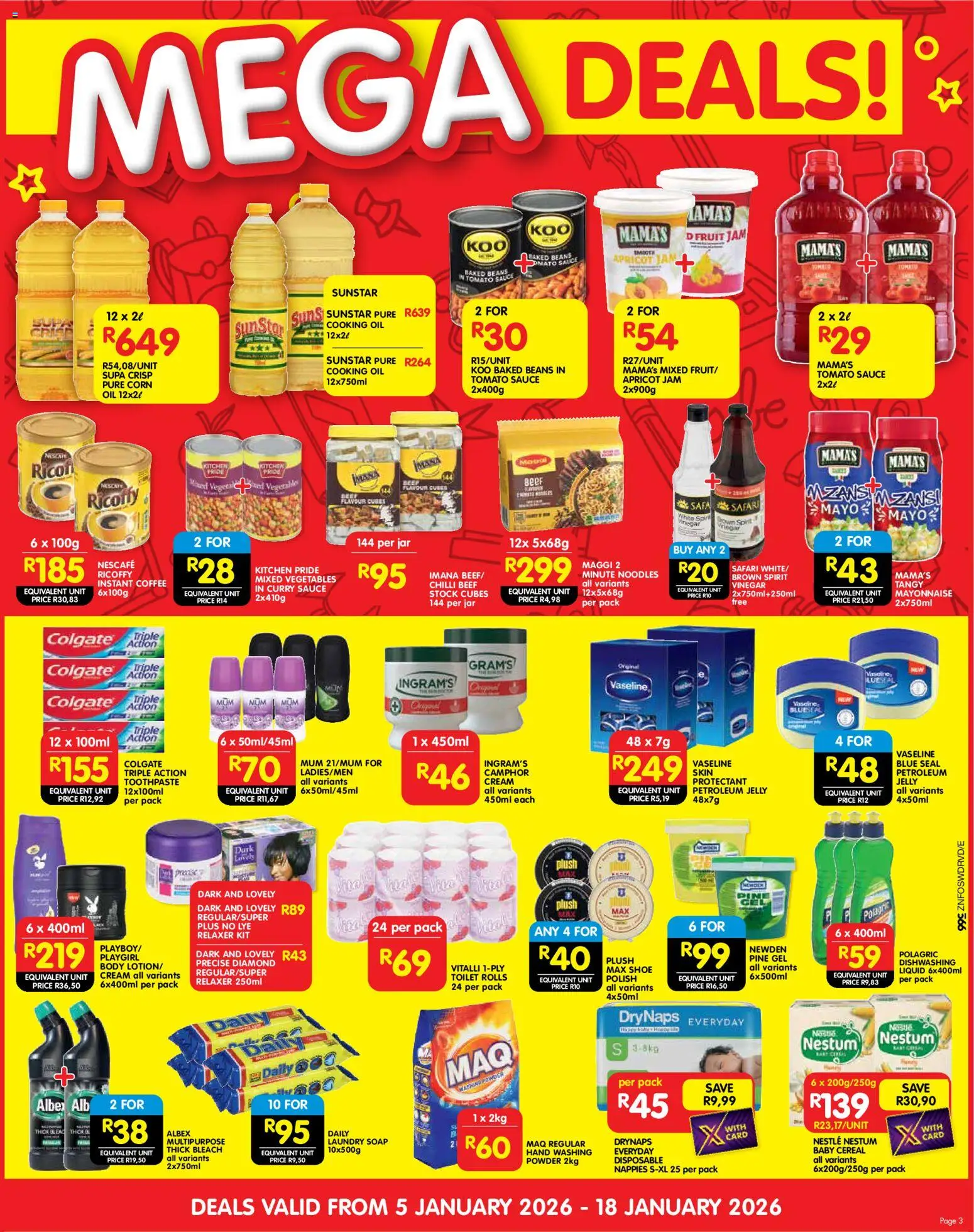 New Shoprite catalogue – valid from 05.01.2026 | Page: 3 | Products: Baked beans, Powder, Tomato sauce, Vegetables
