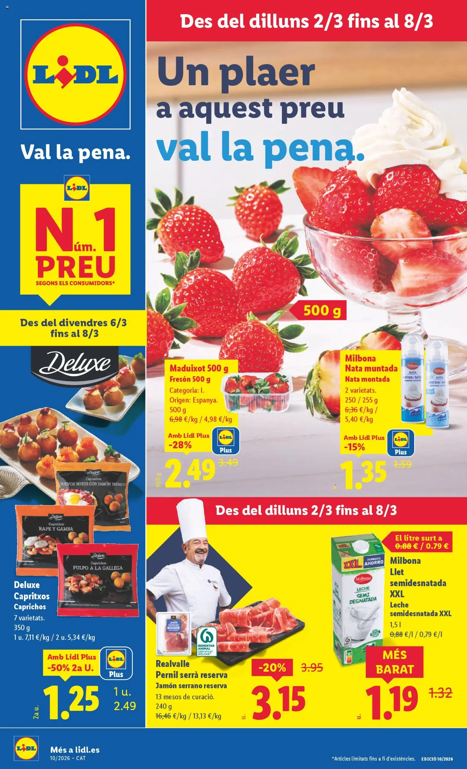 Lidl folleto │ válido desde el 02.03.2026 | Página: 1 | Productos: Jamón serrano, Leche, Jamón, Gamba