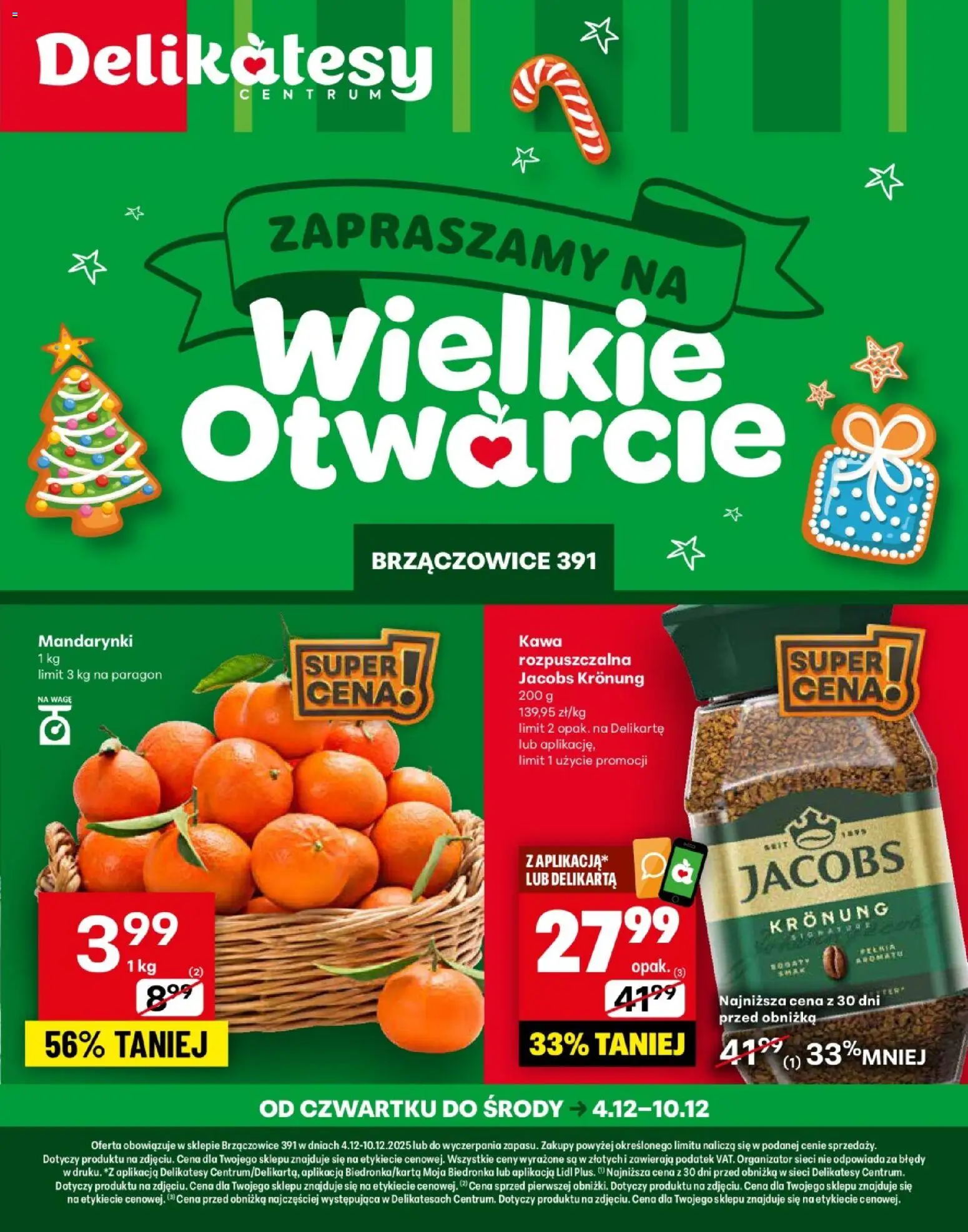Delikatesy Centrum Gazetka - Brzączowice Otwarcie od 04.12.2025 | Strona: 1 | Produkty: Delikatesy, Kawa, Mandarynki