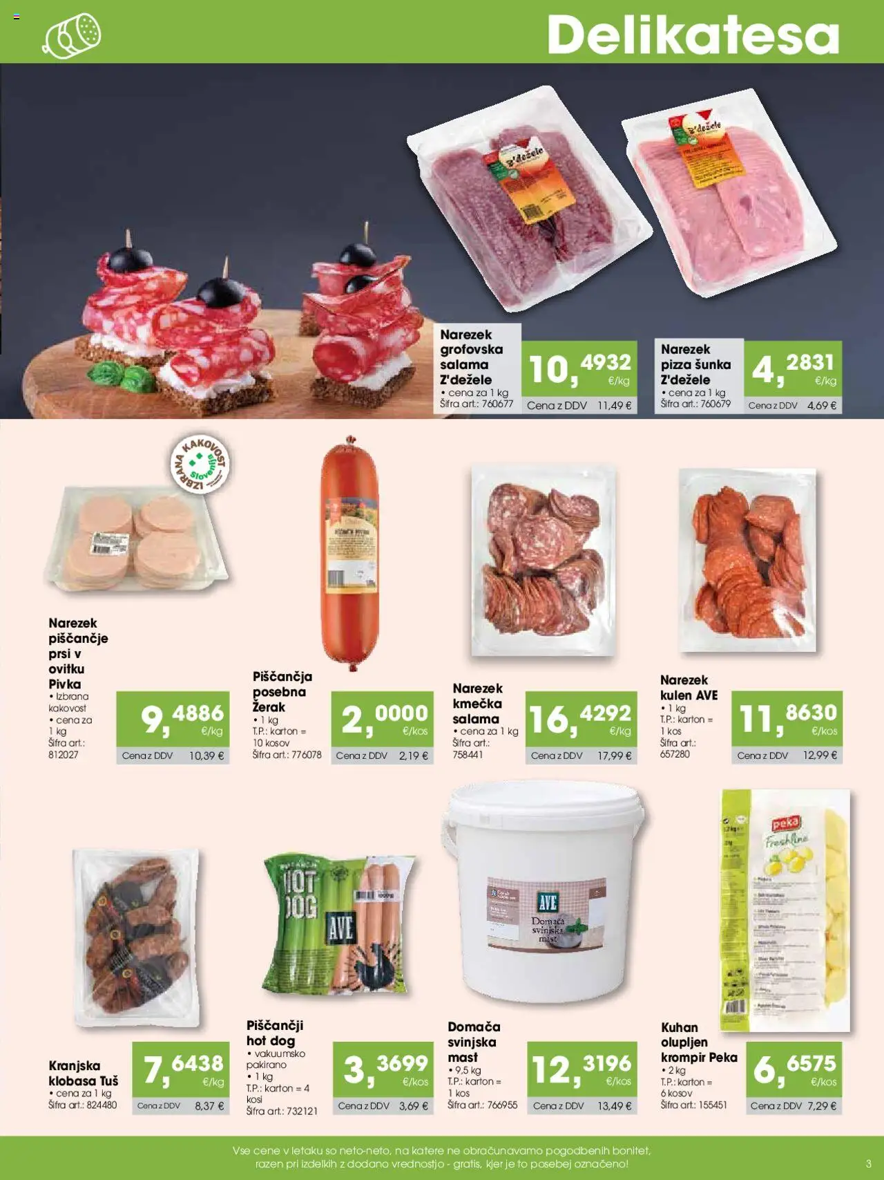 Novi Tuš katalog ponudbe – veljaven od 07.09.2025 | Stran: 3 | Izdelki: Prsi v ovitku, Kos, Salama, Krompir