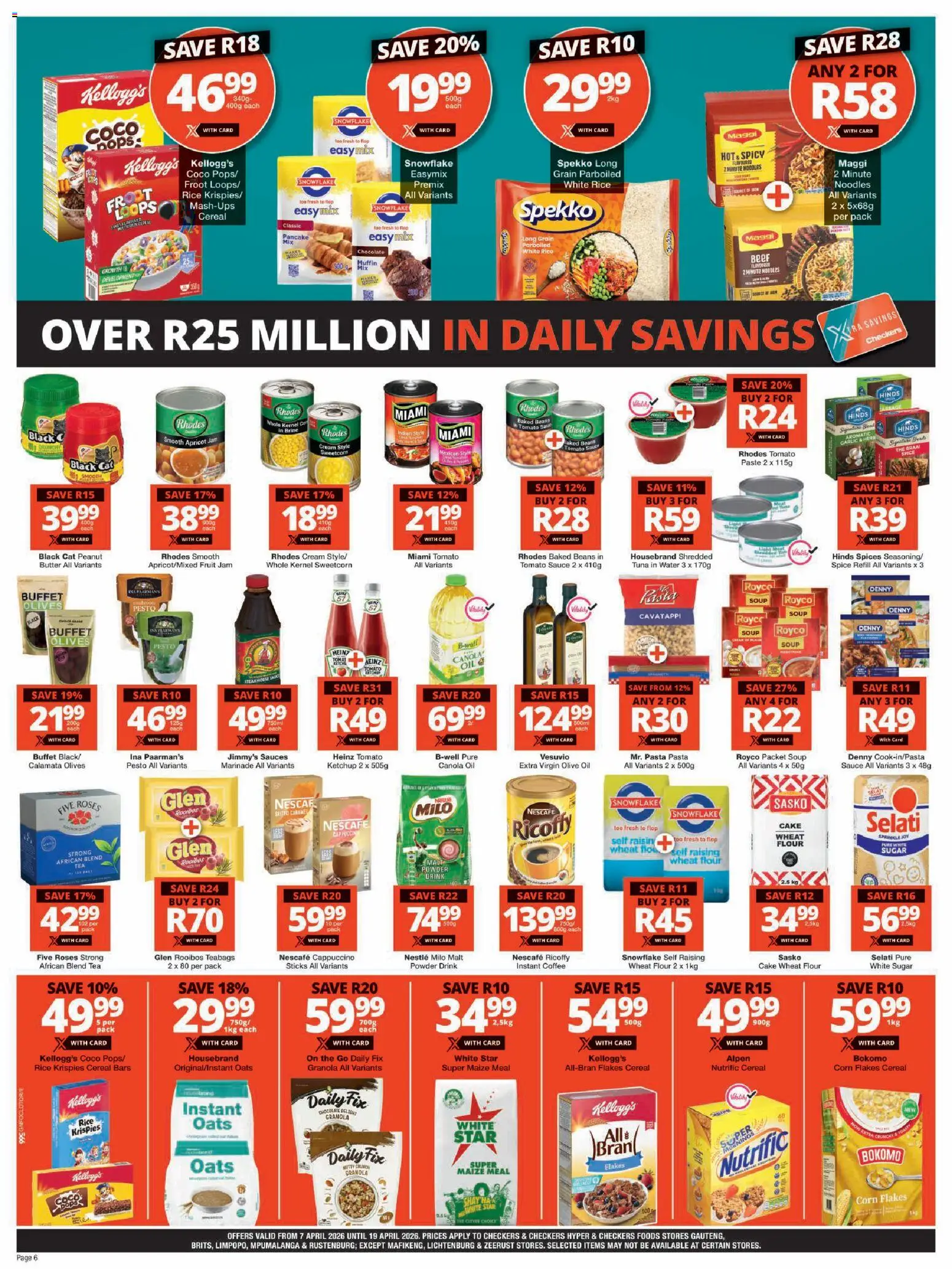 New Checkers catalogue – valid from 07.04.2026 | Page: 6 | Products: Baked beans, Oil, Pasta, Estuche organizador de viaje